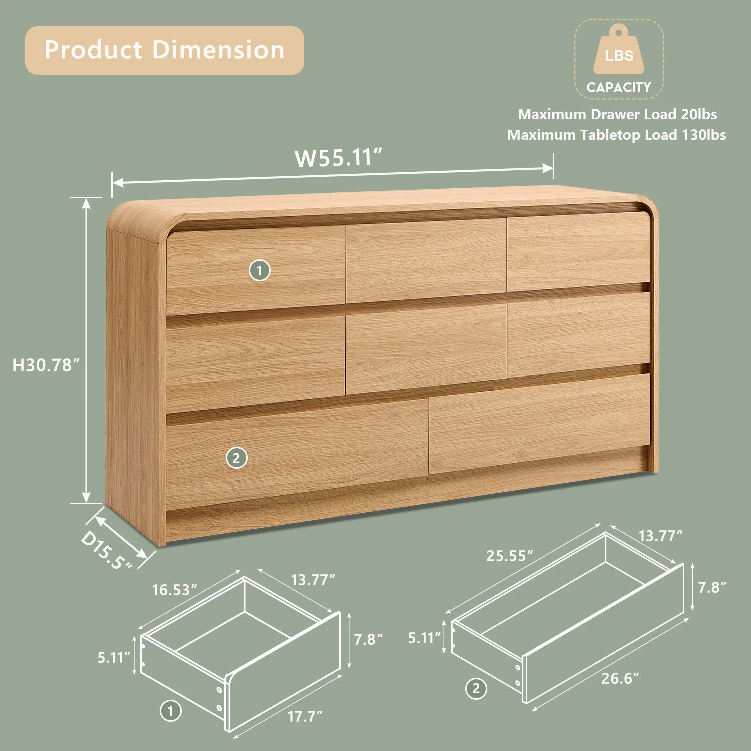 wow97e Modern 8 Drawers Dresser for Bedroom, 55