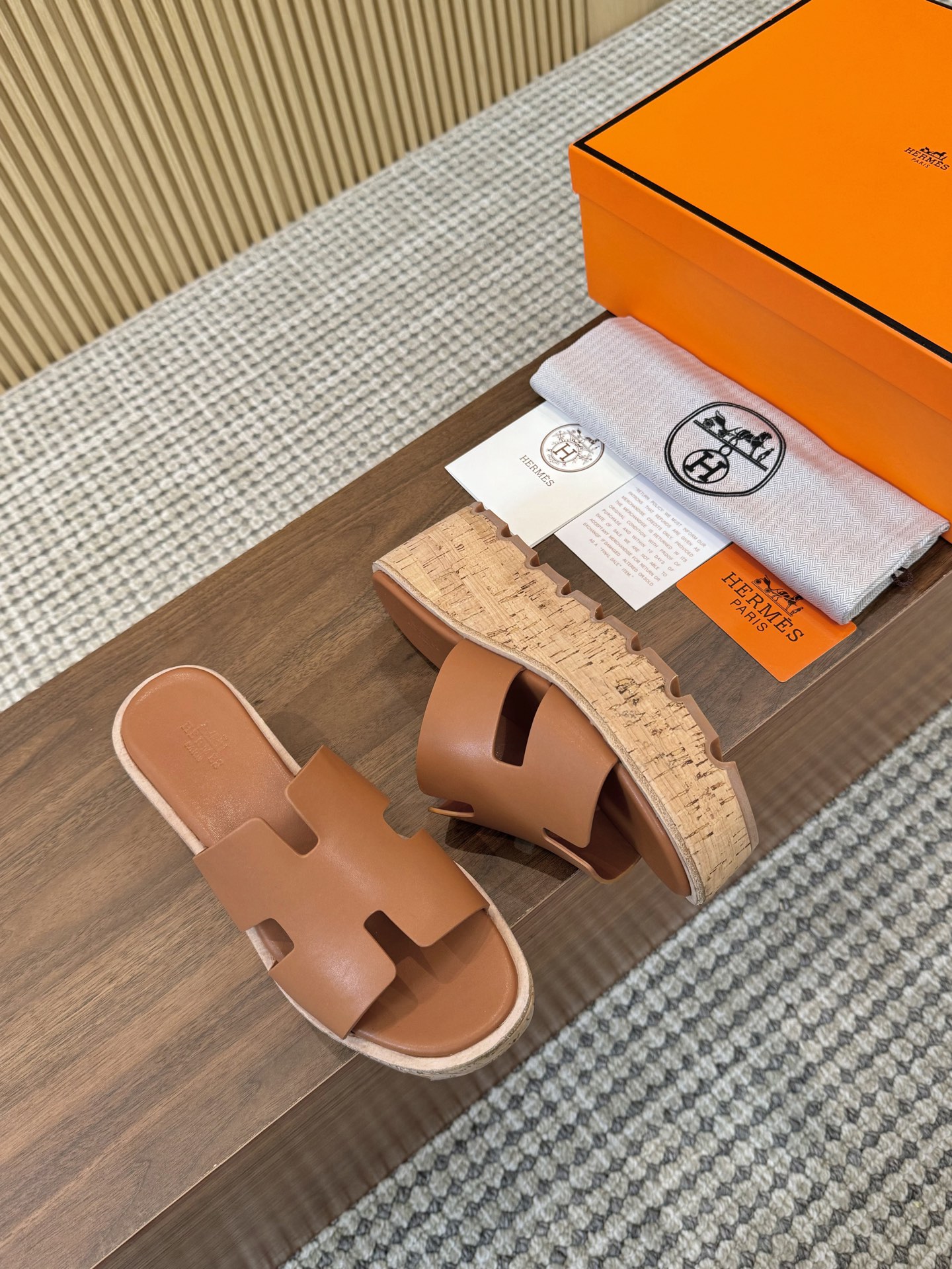 Hermès Caramel Brown Smooth Leather H-Cutout Cork Sole Slide Sandal