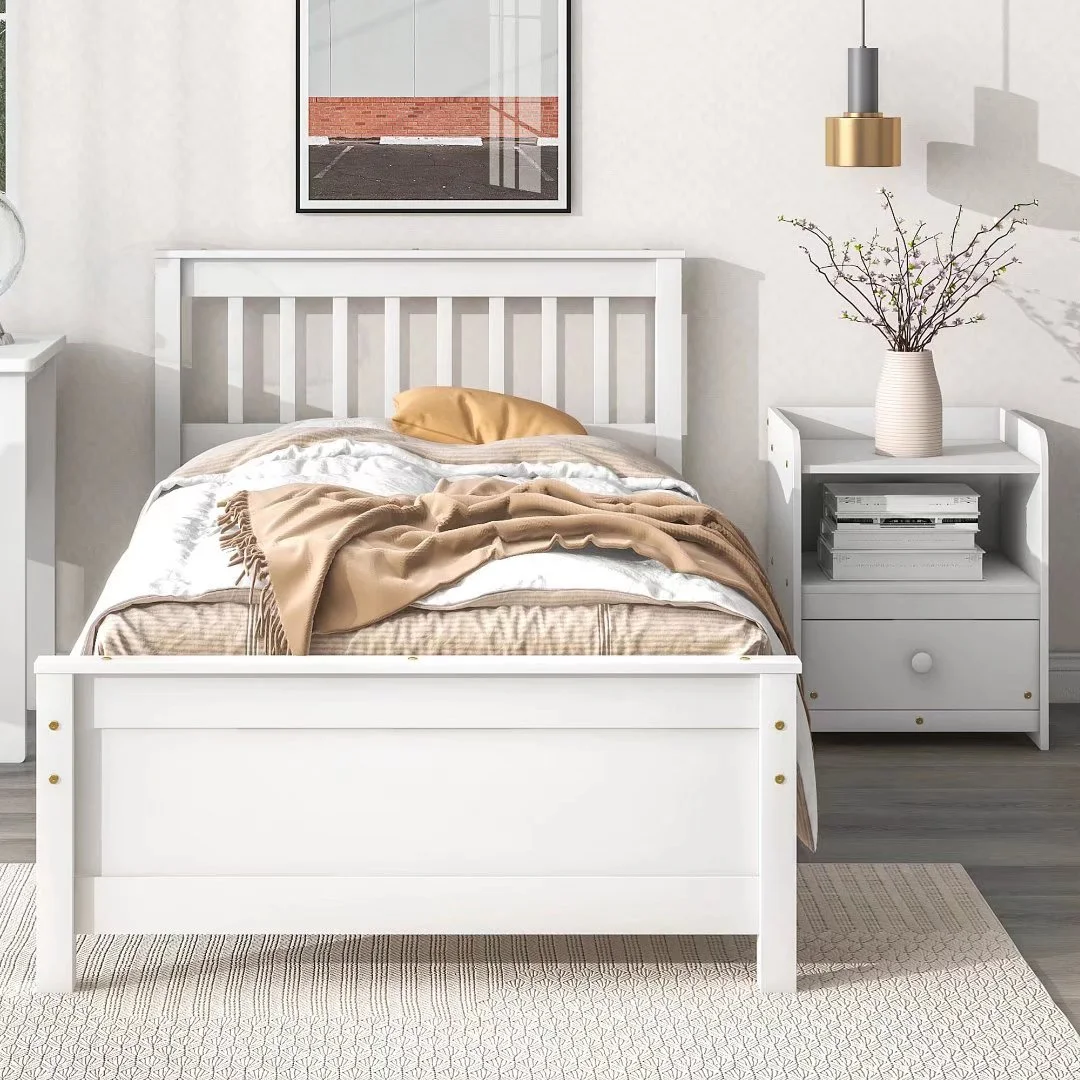 2-Pieces Bedroom Furniture Sets, Twin Size Platform Bed Frame with Headboard and Footboard, Nightstand with Storage Drawer, White