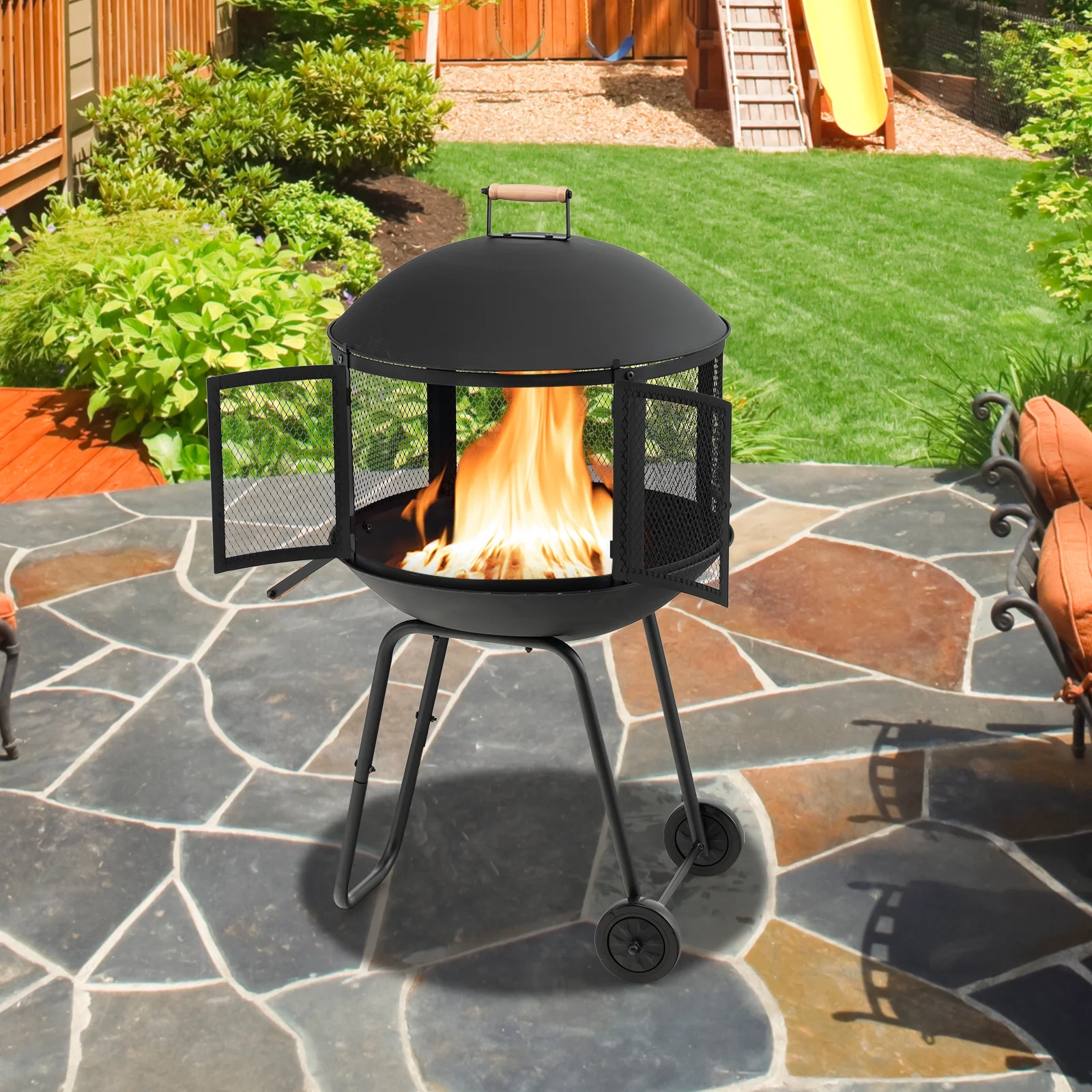 Topbuy Portable Fire Pit w/ Wheels 28" Wood Burning Fire Pit w/ Log Grate Poker Rolling Patio Fireplace Bonfire Firepit for Outdoor Entertaining