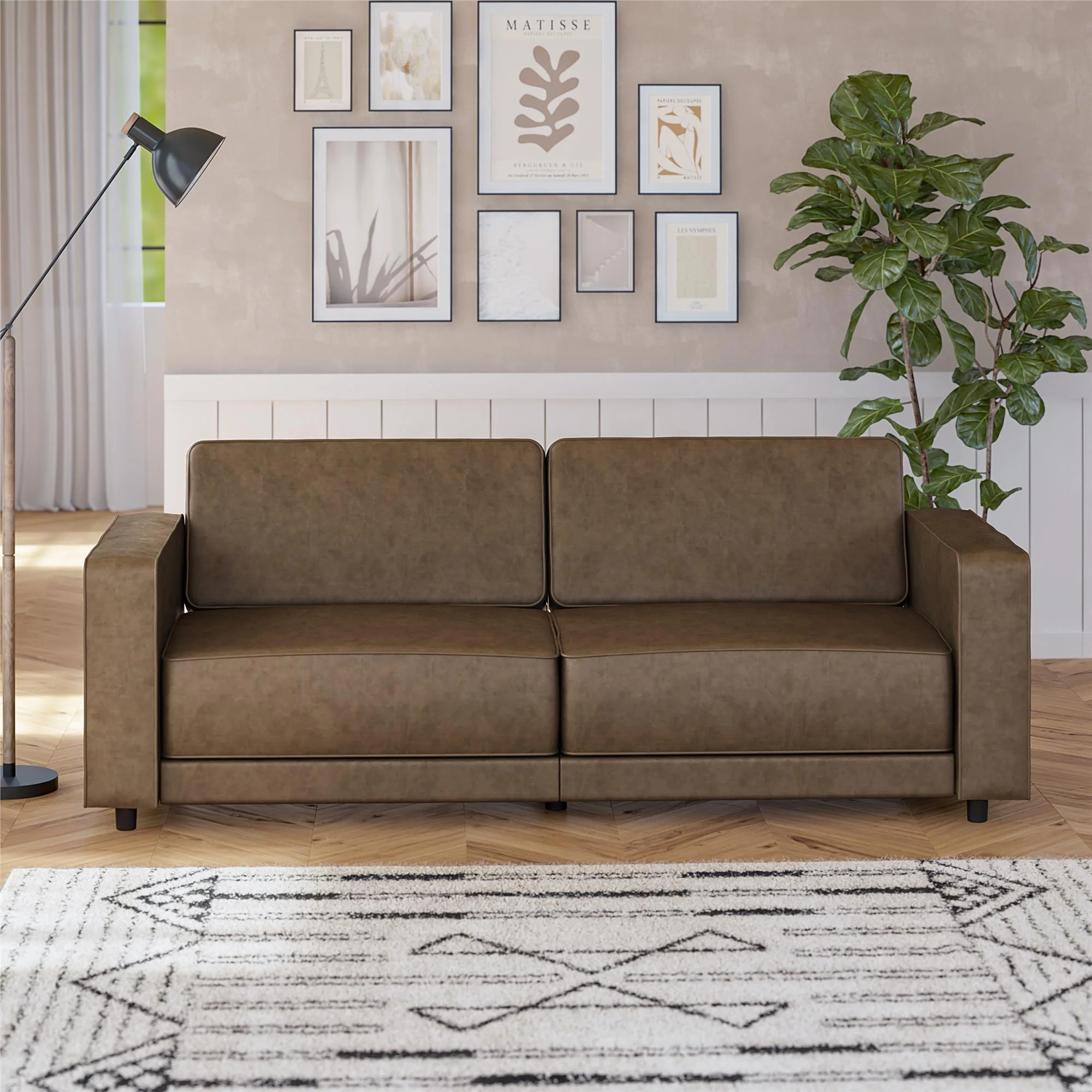 RealRooms Allie Faux Leather 82" Futon Sofa Bed, Brown