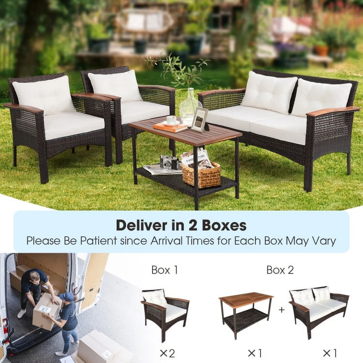 Barara King Outdoor Collection Set, 4 Pieces Patio Rattan Acacia Wood Furniture Set with Cushions and Armrest, Patio Conversation Table Chair Set
