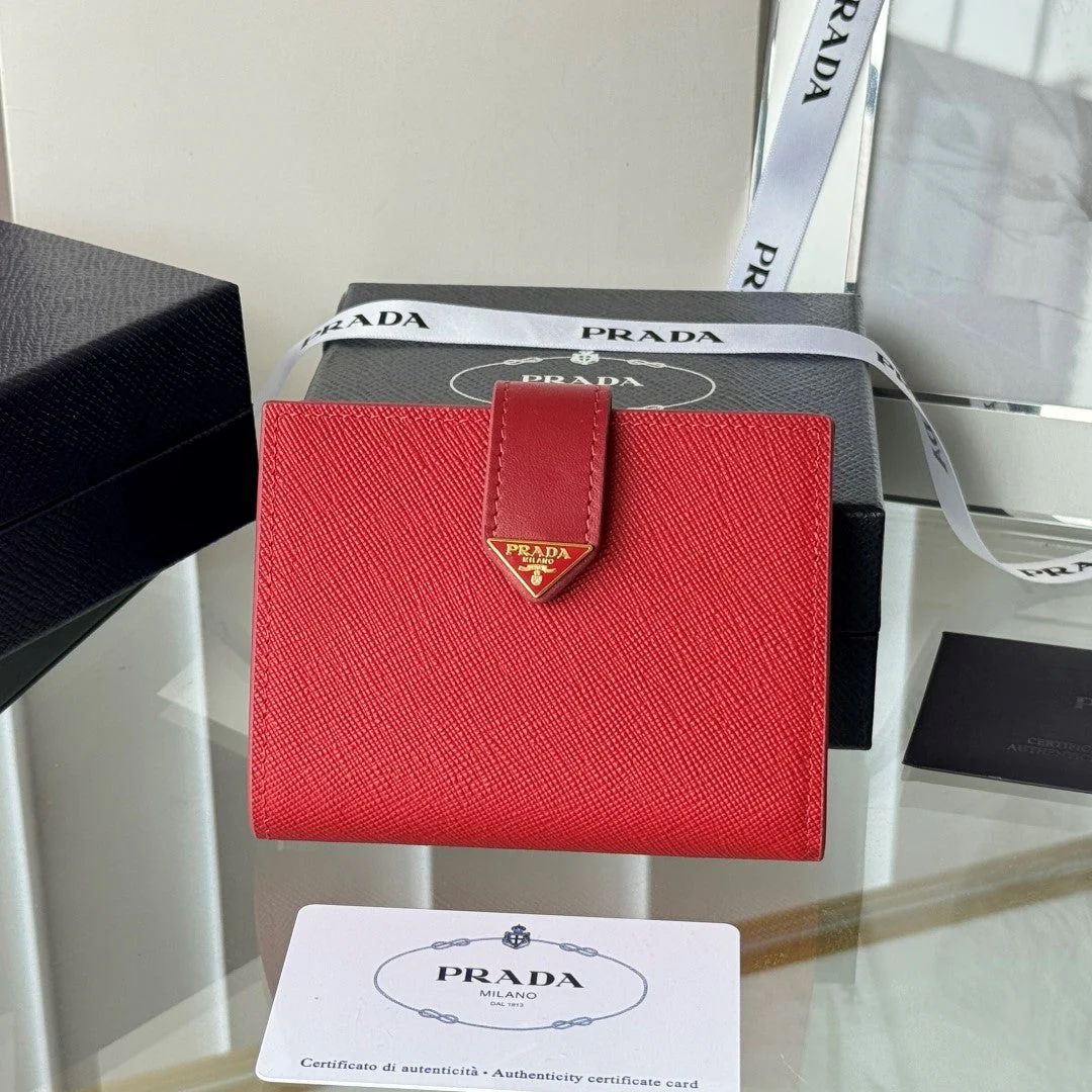 Prada 1MV204 Small Wallet Red Saffiano & Smooth Leather