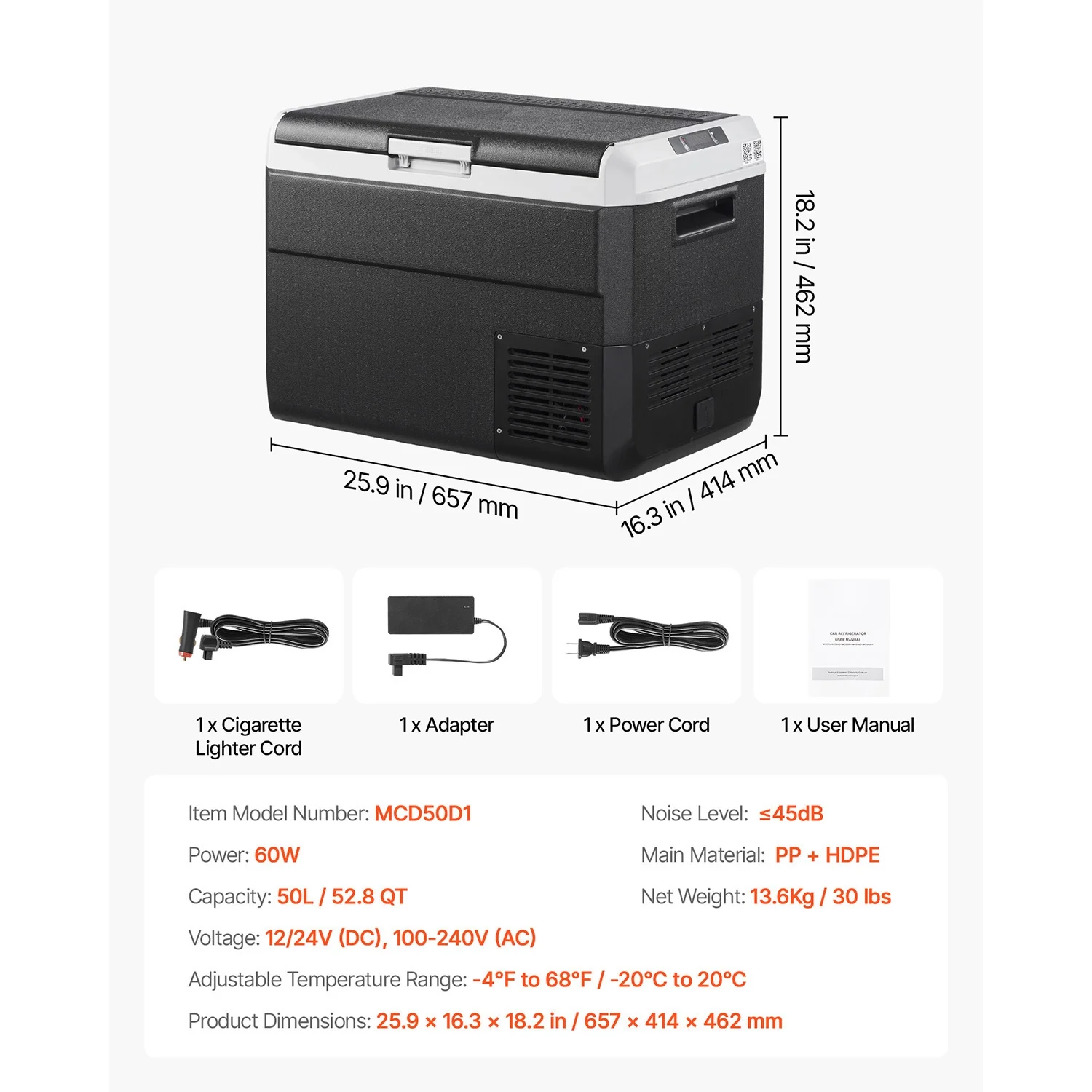 VEVOR Portable Car Refrigerator 53 Qt, 12V Portable Freezer with Single Zone, 12/24V DC & 110-240V AC Electric Cooler with -4H-68HCooling Range, for Car Truck Vehicle RV Boat Outdoor & Home use