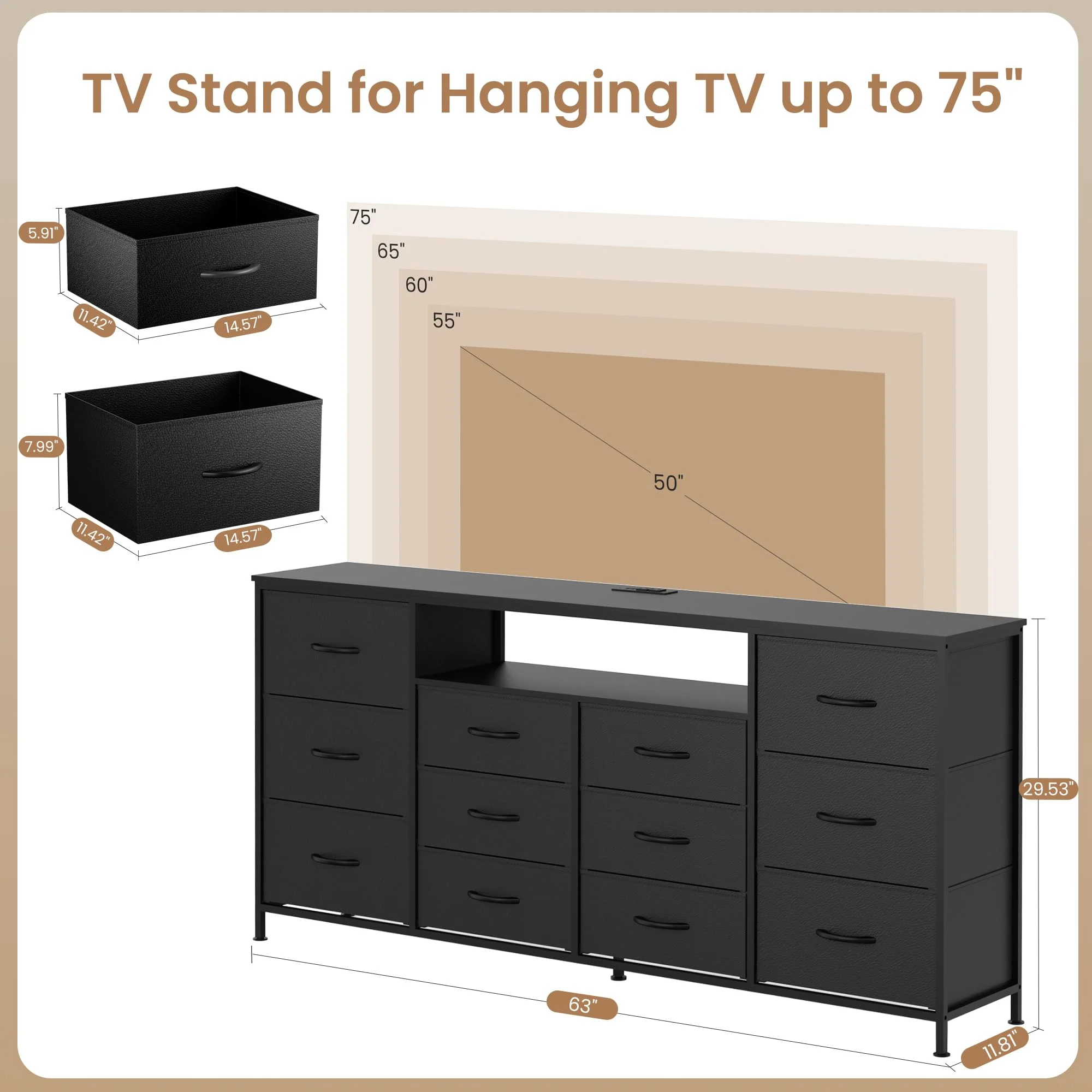 Danolapsi 12-Drawer Dresser with Charging Station & LED Lights, Fabric Chest of Drawers with Sturdy Metal Frame, Wood Top TV Stand, Storage Organizer for Bedroom, Closet, Entryway, Nursery