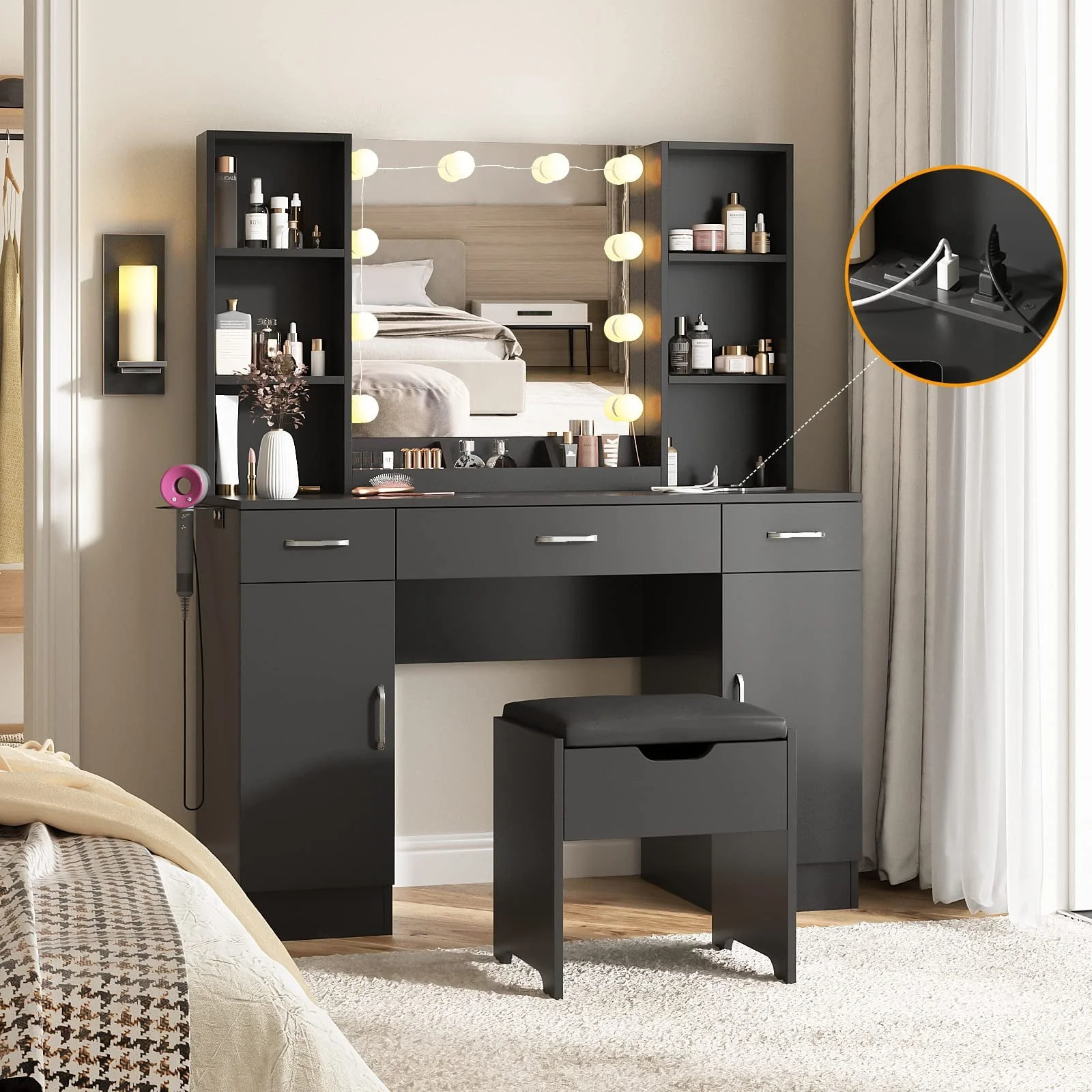 Veanerwood Large Makeup Vanity Set with Lights, White Bedroom Makeup Vanity Table with Storage, 3 Adjustable Lighting Colors, Modern, 45.2in