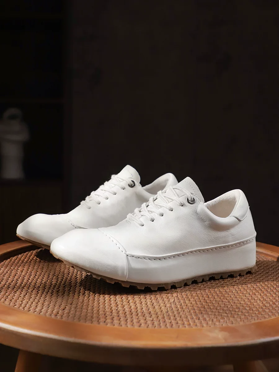 Goodyear hand-washed horse leather thick-soled light white shoes