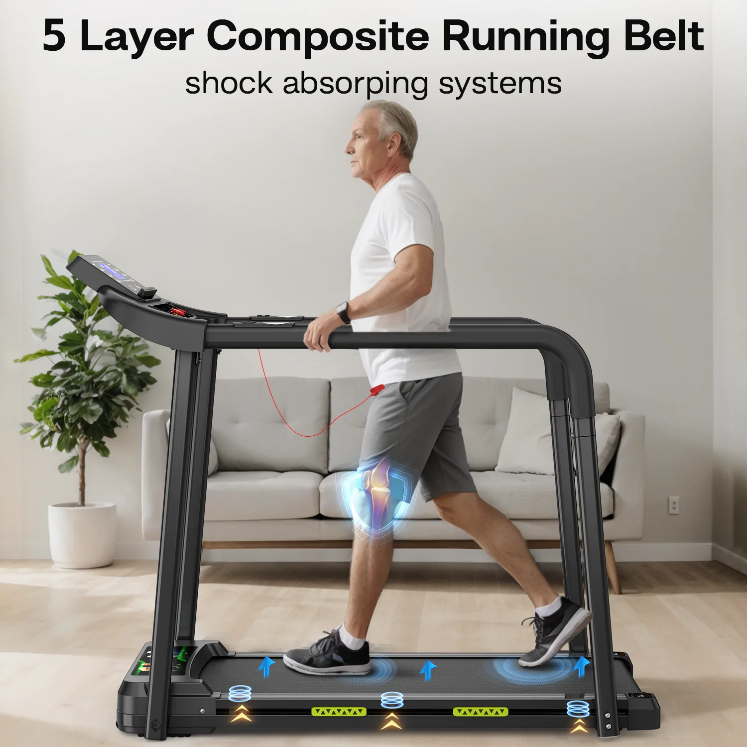 Ambifirner Senior Safe Treadmill - 300lbs Capacity Foldable Walking Pad with Balance Handrails & Large LED Display, Space-Saving Design for Elderly Home Gym (Black)