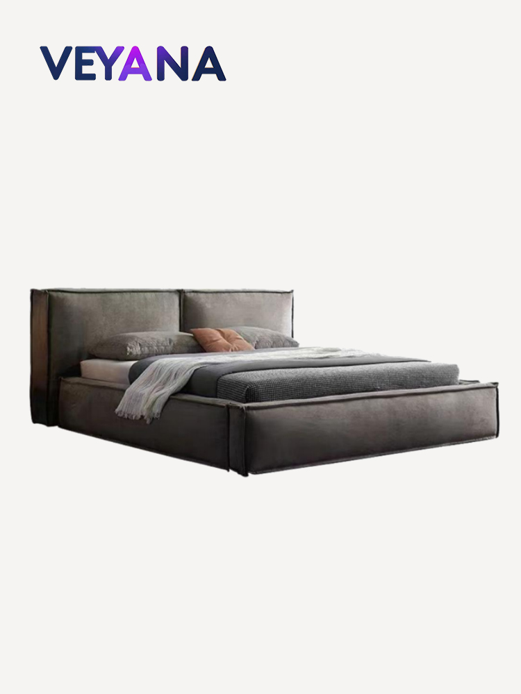 Wabi-sabi style, Italian minimalist design, double bed with dual headrests, floor-standing, high-quality fabric bed