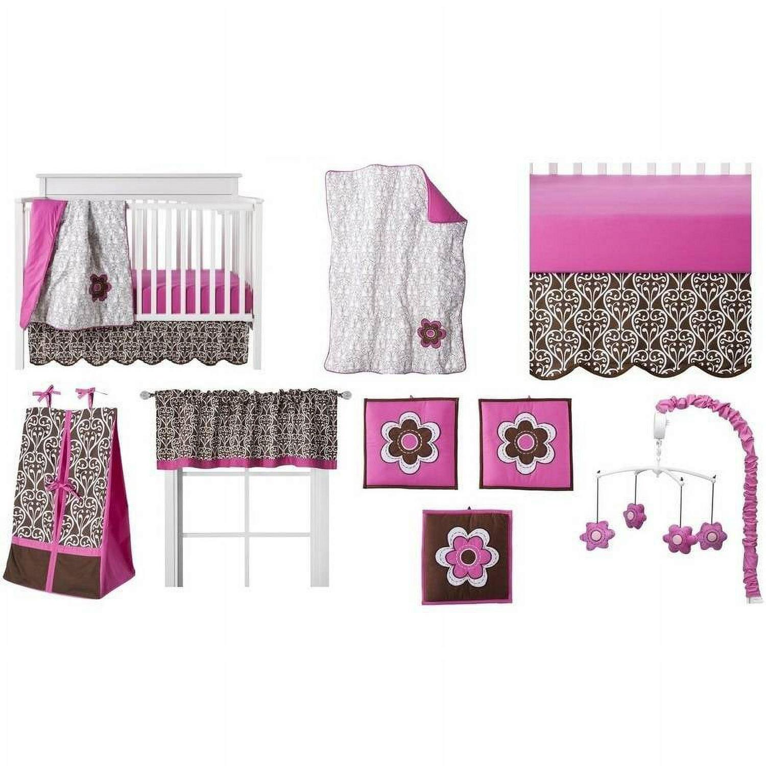 Bacati - Floral Damask Pink/Chocolate Girls 10-Piece Nursery-in-a-Bag Crib Bedding Set 100 % Cotton Percale