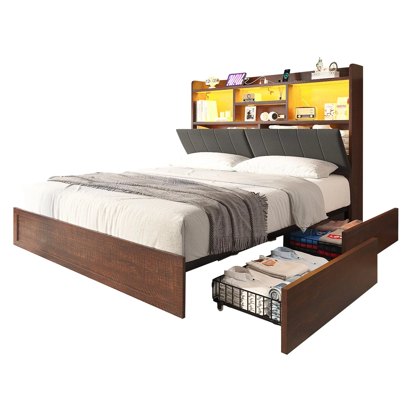 VanAcc Full Farmhouse Bed Frame with Bookcase Headboard and 4 Drawers, LED Storage Bed with Charging Station & Linen Upholstered, Reclaimed Barnwood