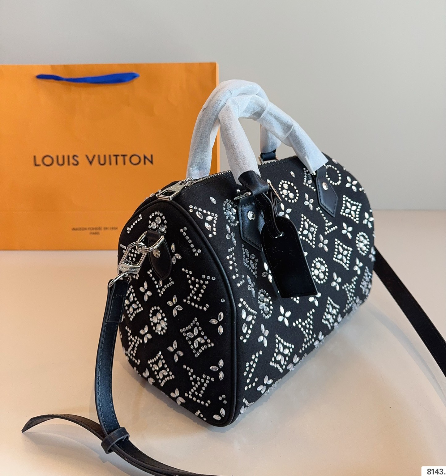 LV Speedy 25 Strass Black Monogram Suede Leather Boston Top Handle Bag