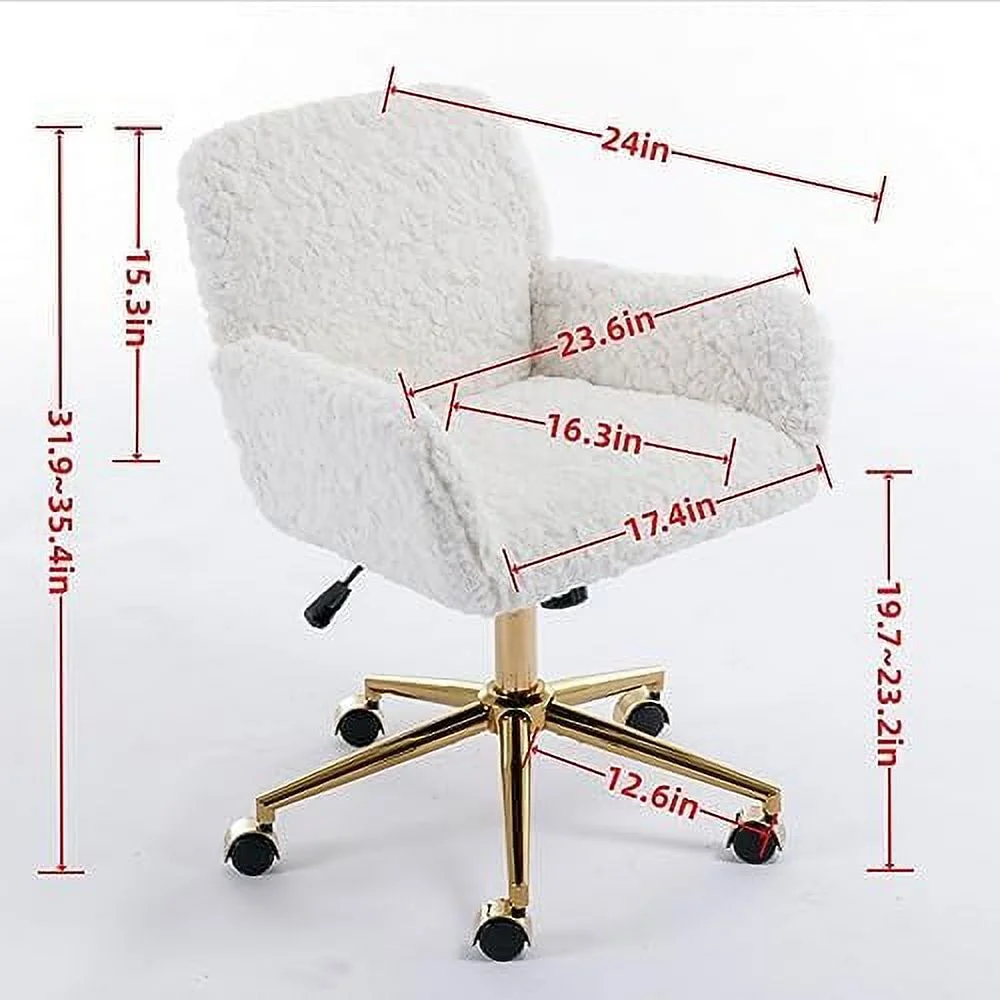 Fluffy Desk Chair,Height Adjustable Vanity Chair with Wheels,Comfortable Faux Fur Desk Chair with goldenn Base, Arm Chair for Bedroom,Living Room,Vanity,Office
