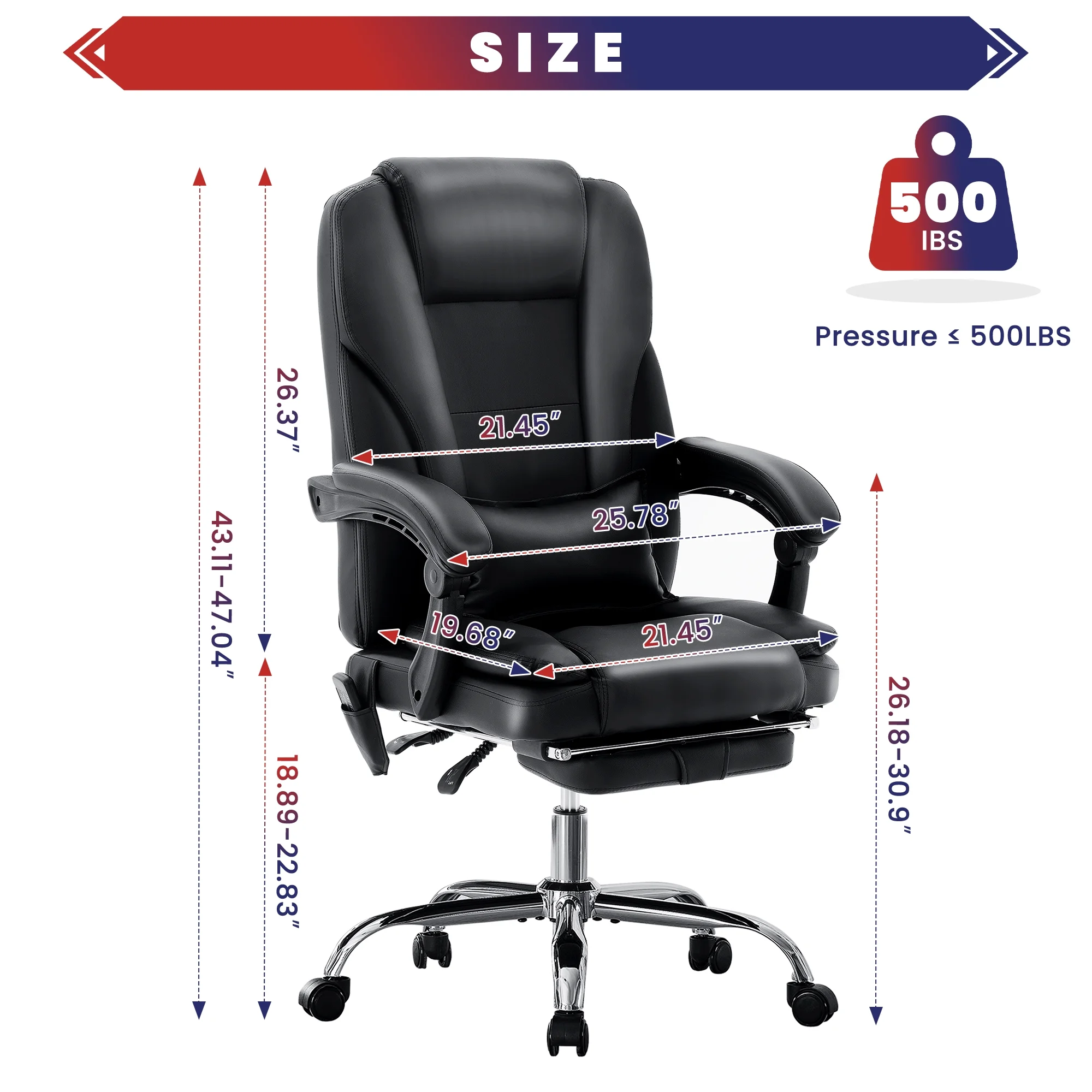 JONPONY Big and Tall Office Chair 500LBS Executive Office Chair Massage and Footrest Ergonomic Computer Desk Chair Reclining High Back Leather Office Chair Lumbar Back Support Swivel Rolling,Black