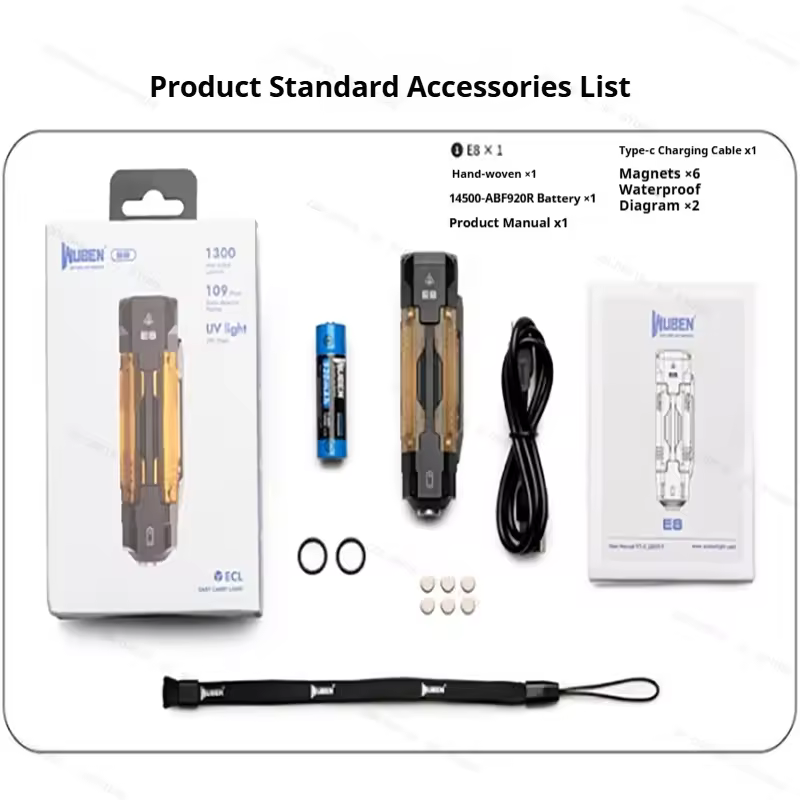 WUBEN E8 Latest Outdoor EDC Lightweight Flashlight 1300 Lumens Aluminum Alloy Portable 36-Hour Battery Life IP68 Waterproof