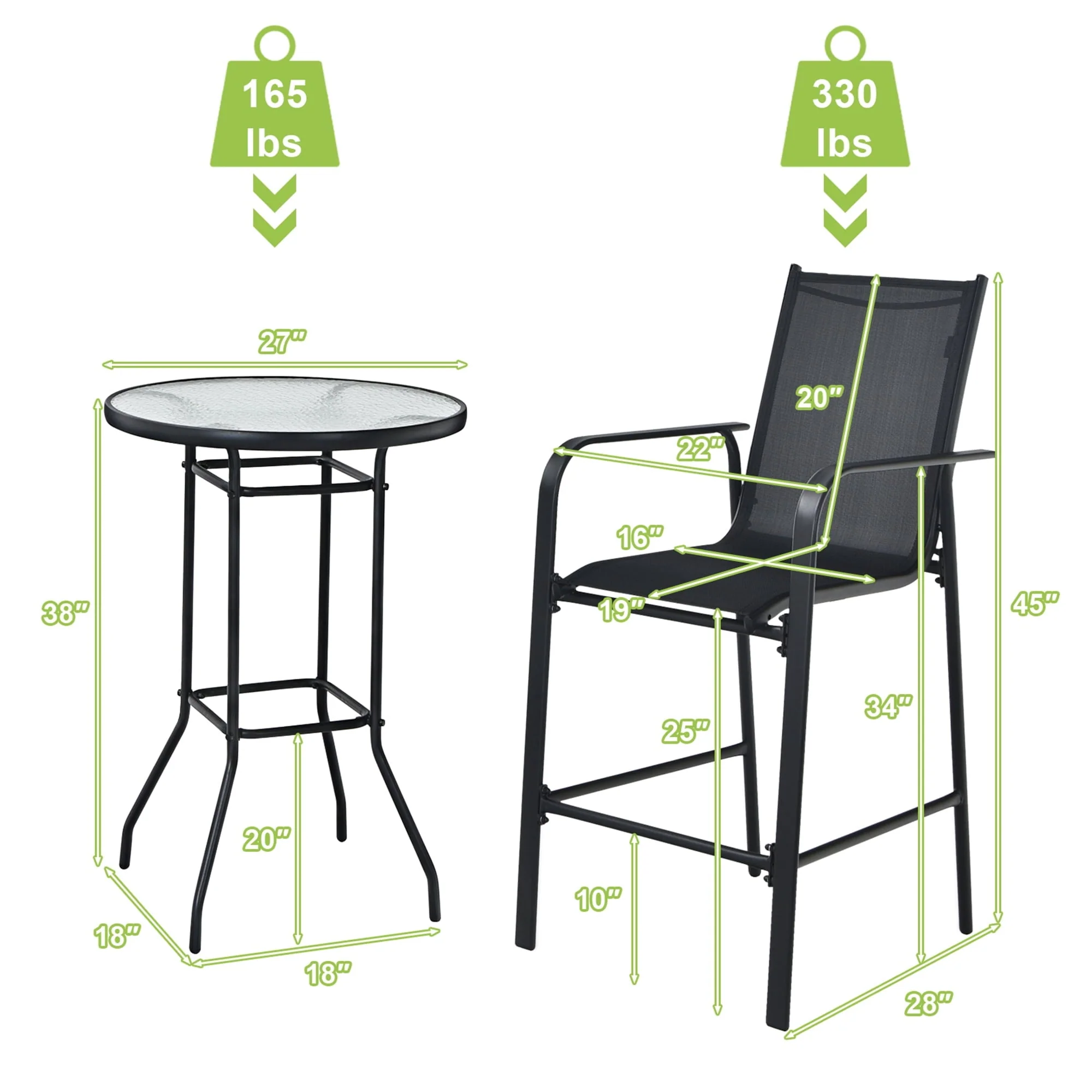Gymax 3PCS Patio Bar Set Outdoor Bistro Set w/ 2 Stools & 1 Tempered Glass Table