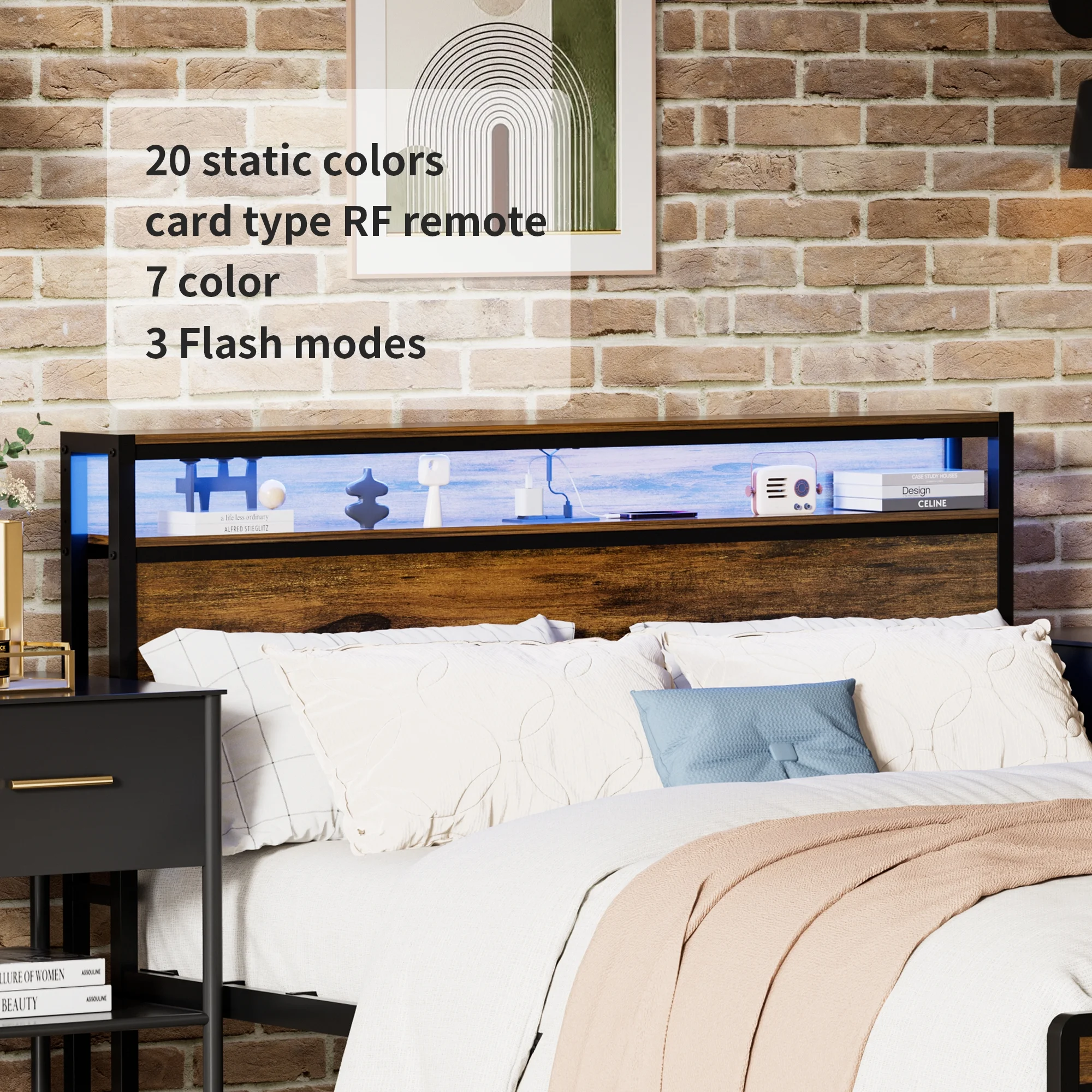 Yoneston Queen Size Bed Frame with 2-Tier LED Storage Headboard and USB Charging, Solid Wood Heavy Duty Kids Bed Noise Free - Rustic Brown