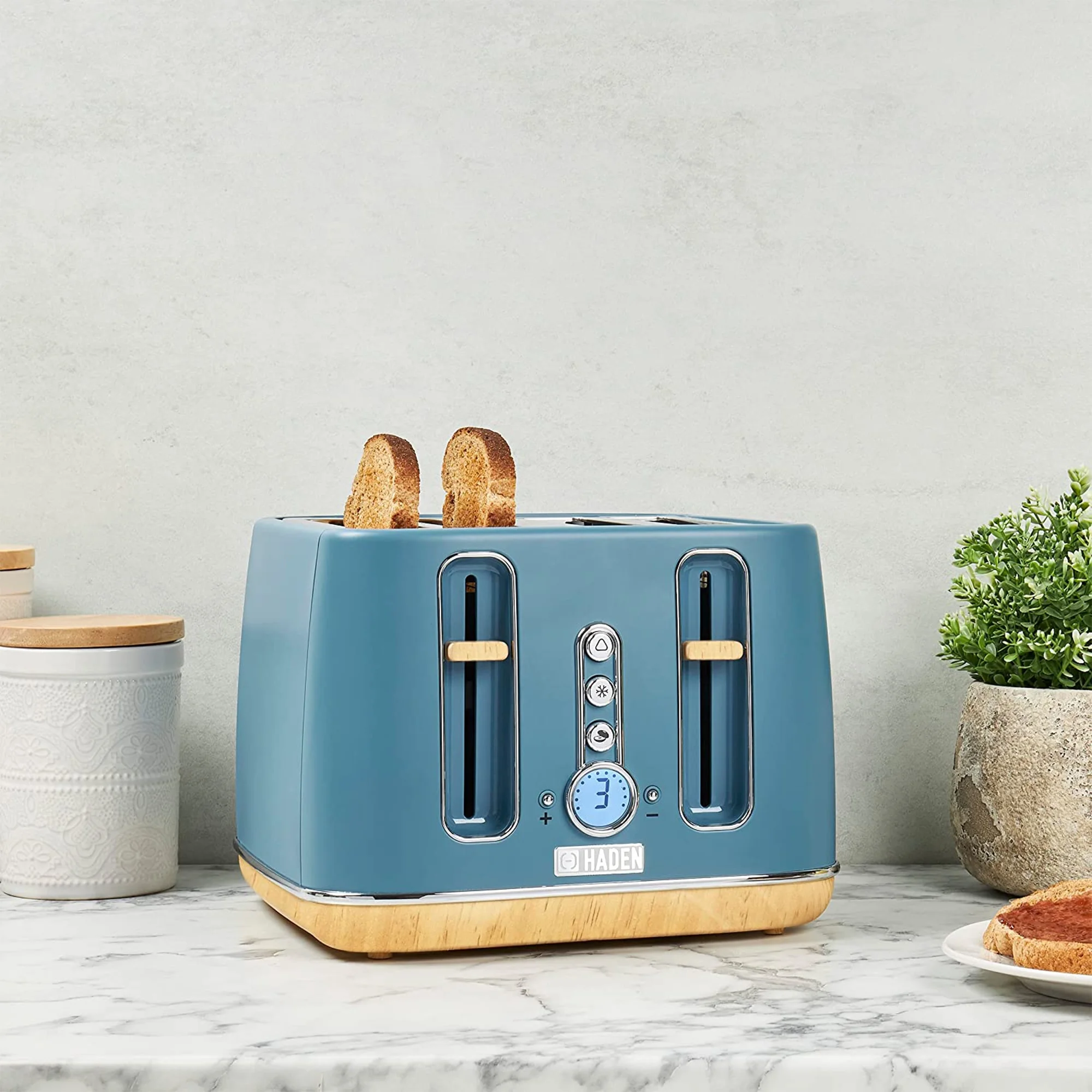 Haden Dorchester 4 Slice Wide Slot Toaster with Control Knob, Stone Blue