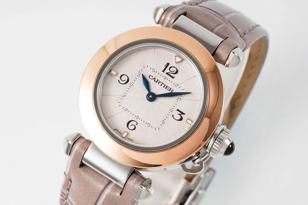Cartier Watch pasha 30mm quartz pink gold white dial light brown leather