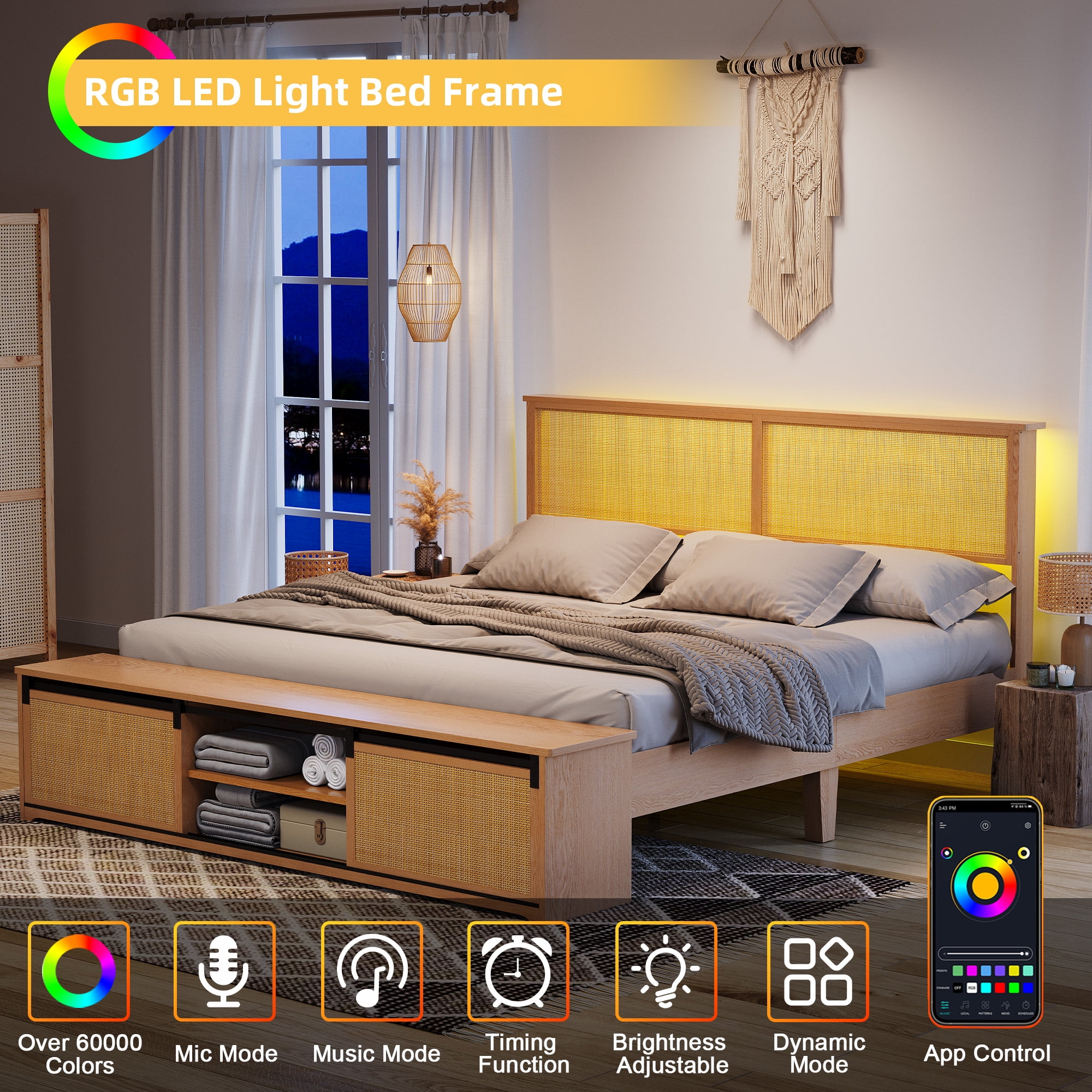 Natural Rattan Bed Frame with Sliding Barn Door Storage Cabinets and LED Light Headboard, Farmhouse Wood Platform Bed with Solid Wood Legs Support