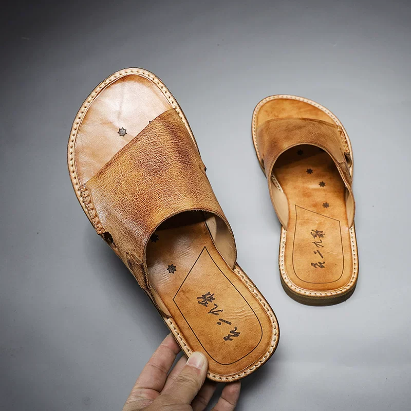 Original handmade retro first-layer cowhide casual high-end one-word slippers