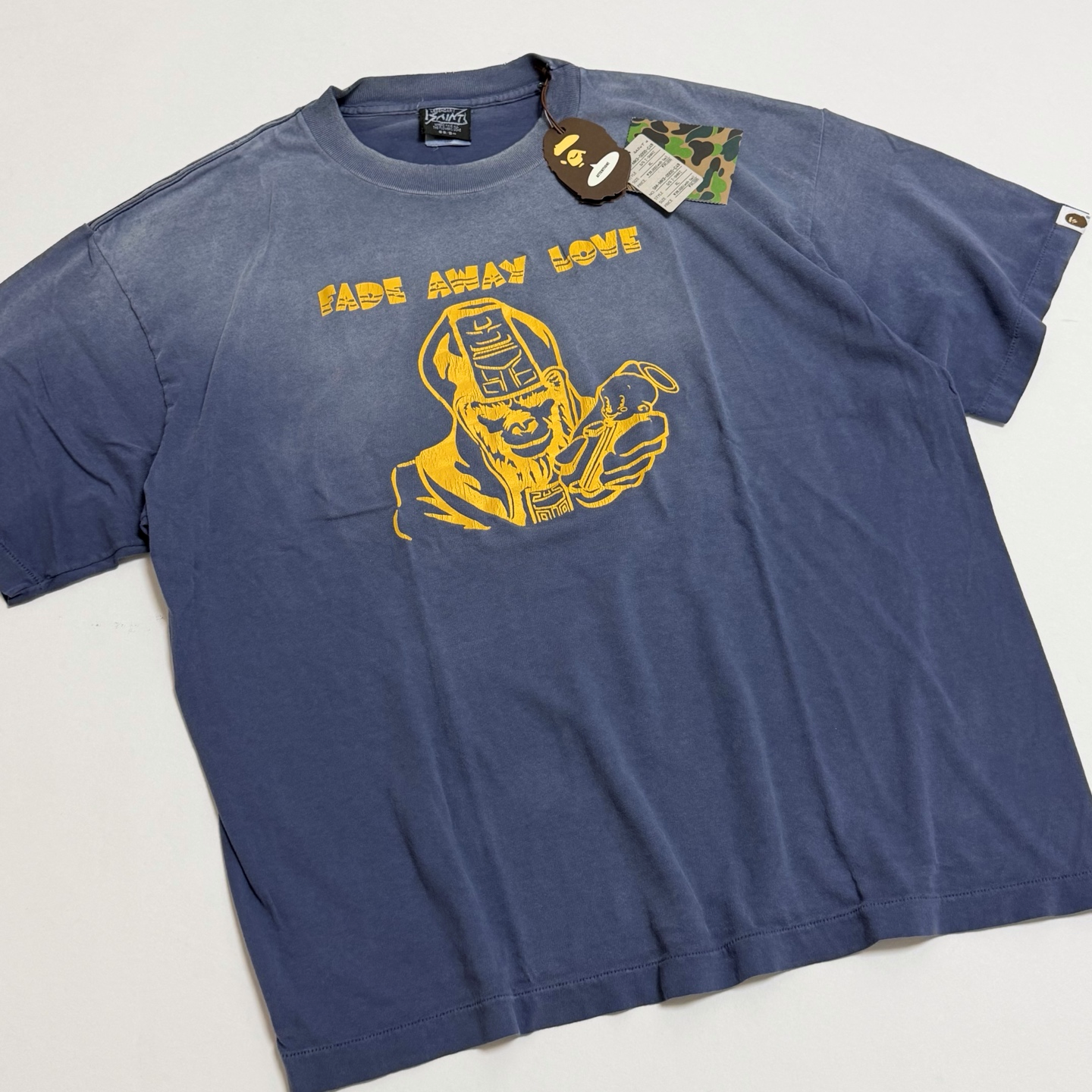 1:1 blue washed short-sleeved shirt with a distressed diamond monkey print