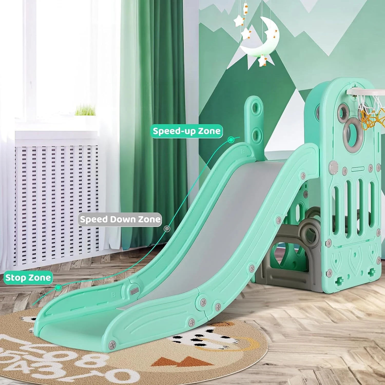 LAZY BUDDY Sturdy Kids Slide, 4 in 1 Toddler Slide and Climber Playset with Basketball Hoop & Storage Space, Non-Slip Steps, Indoor Outdoor Toys for Boys Girls