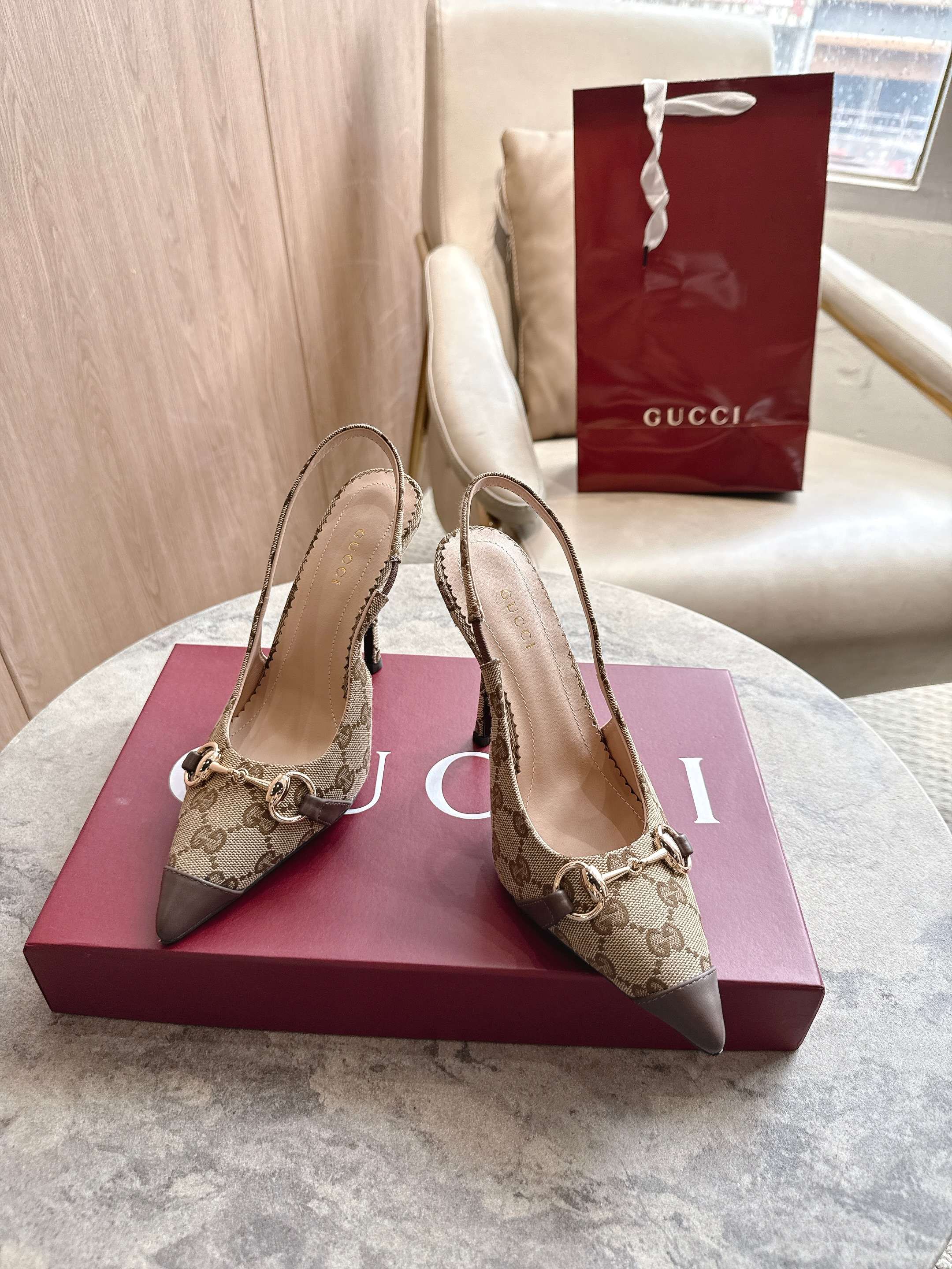 Gucci Gold Horsebit GG Canvas Pointed Toe Slingback Pumps