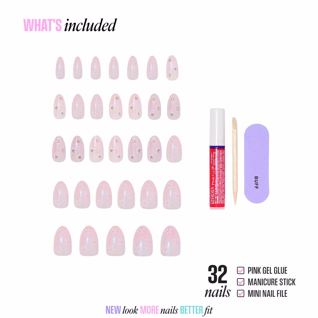 Kiss  Glam Jeweled Medium Almond Press On Nails, Breeze of Bliss