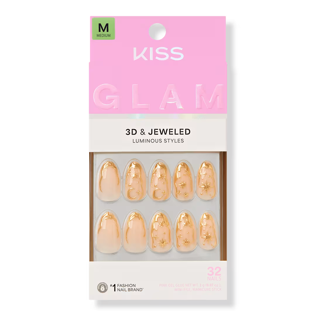 Kiss  Glam Jeweled Medium Almond Press On Nails, Golden