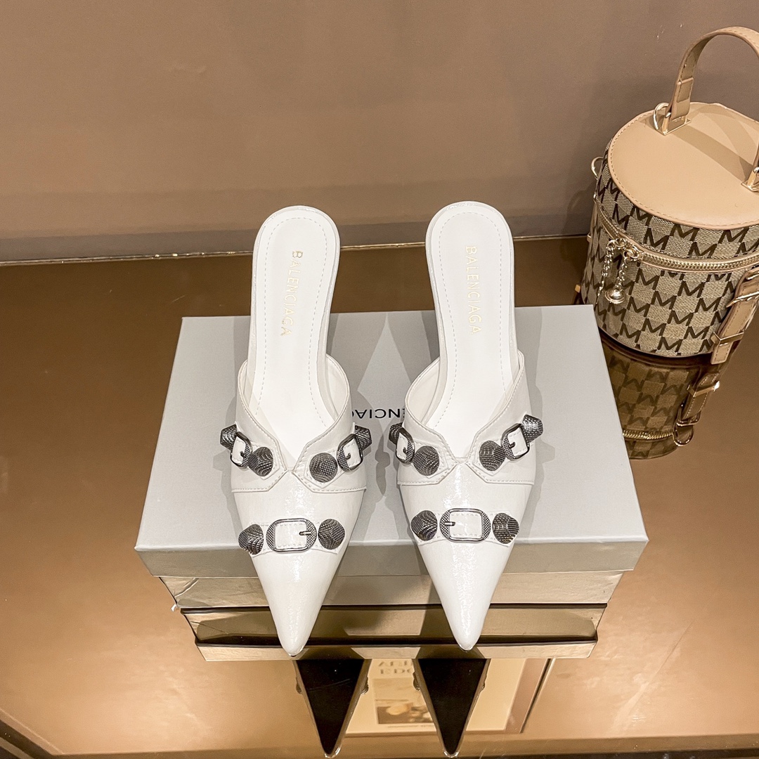 Balenciaga Cagole Buckle And Arena Studded Leather Pointed Toe Mules Sandals /Top Version
