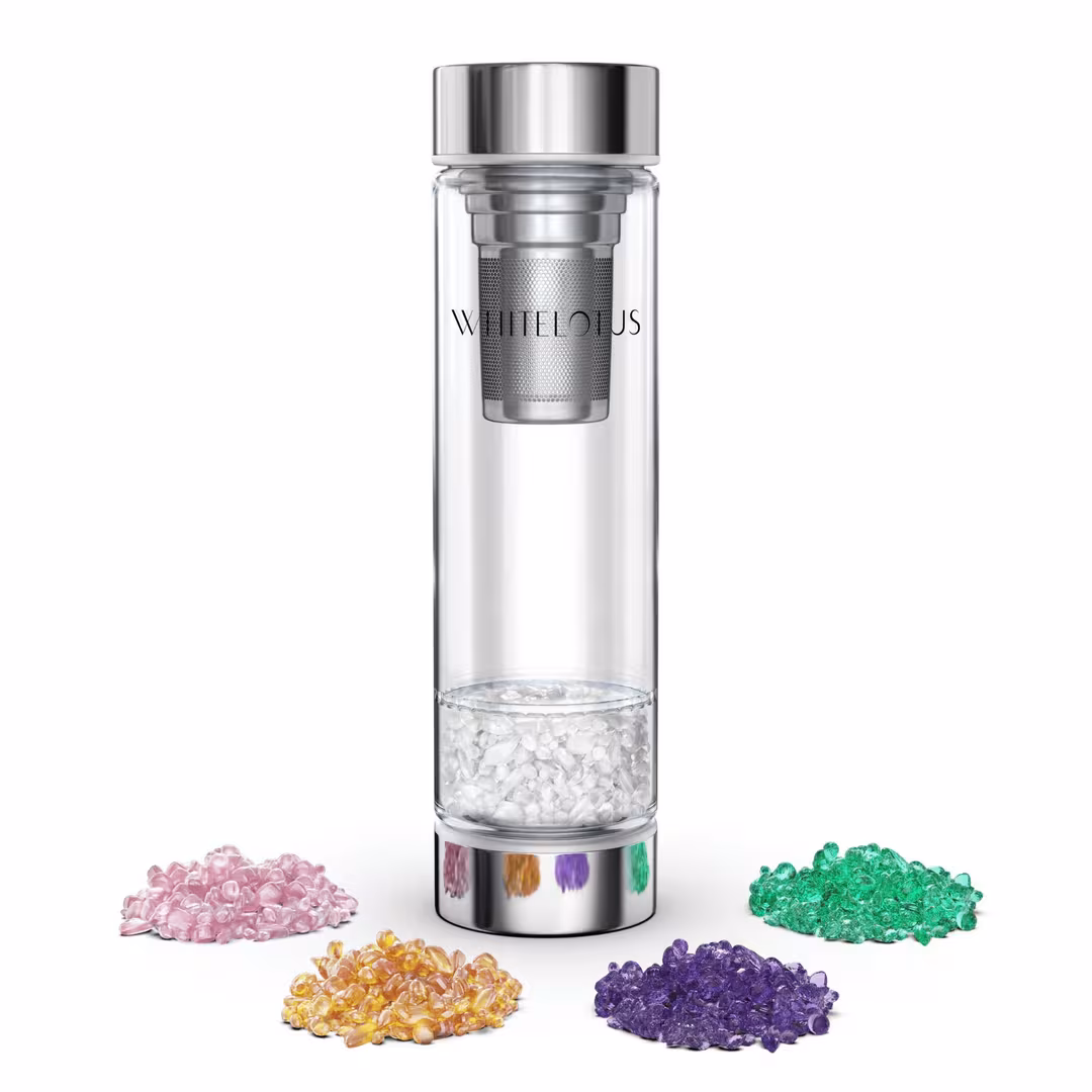 White Lotus Beauty  Crystal Healing Water Bottle 5 Sacred Stones Luxury Glass Tea Infuser