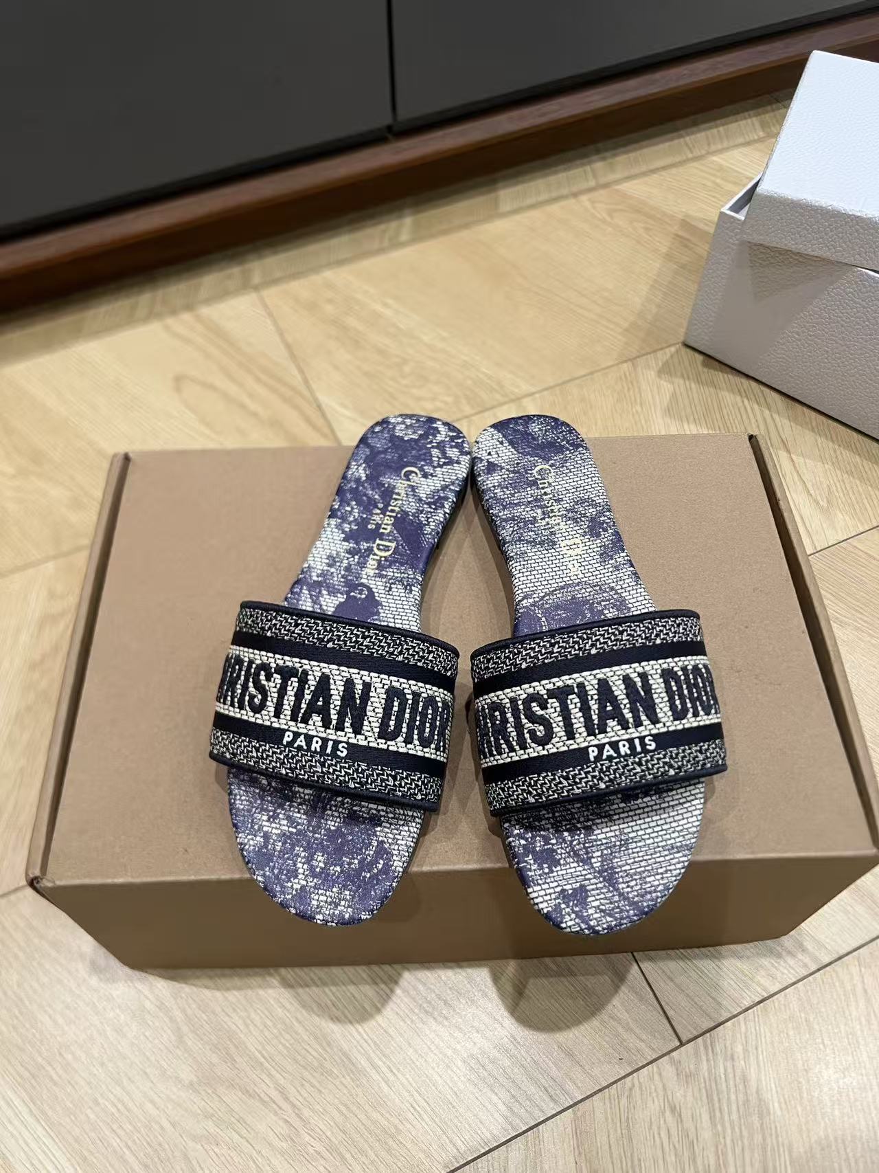 Dior Classic D-way Cotton Embroidered Flat Slippers