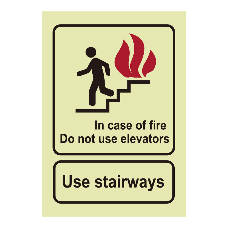 In case of fire, do not use the elevatorLuminous fire safety sign sticker