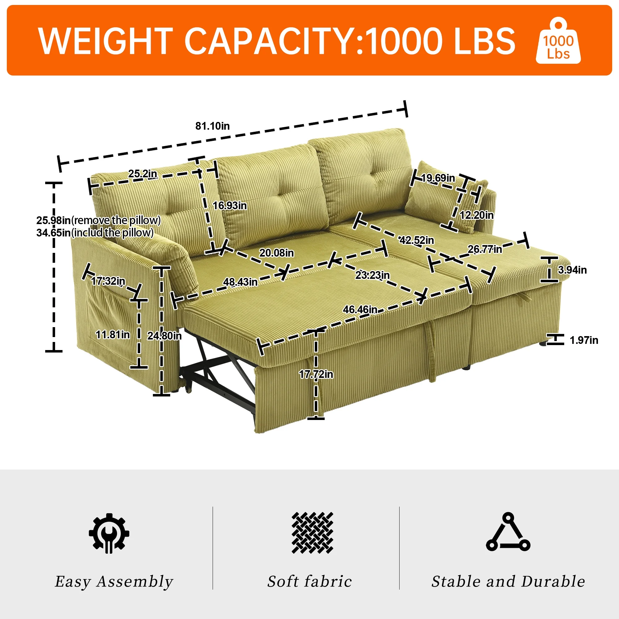 Villeston L-Shaped 3-Seat Sofa with Pull-Out Bed, with Storage Chaise Couch for Living Room, Chenille Fabric,Olive
