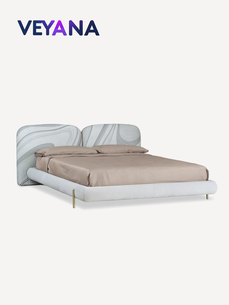 Italian minimalism, stone fabric bed, modern light luxury, double bedded master bedroom double bed, brass metal feet, creamy style
