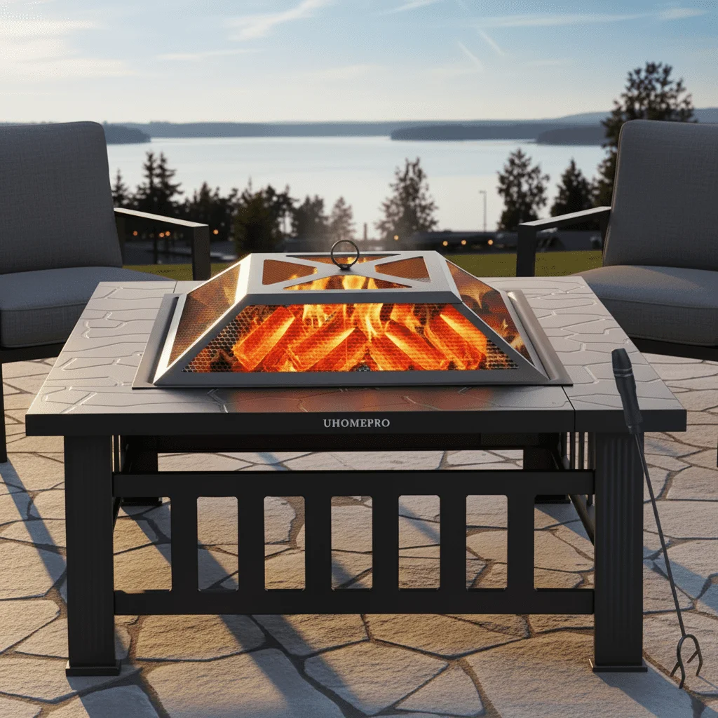 Fire Pits for Outside, UHOMEPRO 32" Square Iron Fire Pit Backyard Patio Garden Stove Wood Burning Fire Pit w/ BBQ Net, Waterprrof Cover, Mesh Screen Lid, Wood Grate, Poker, Durable Fire Pit