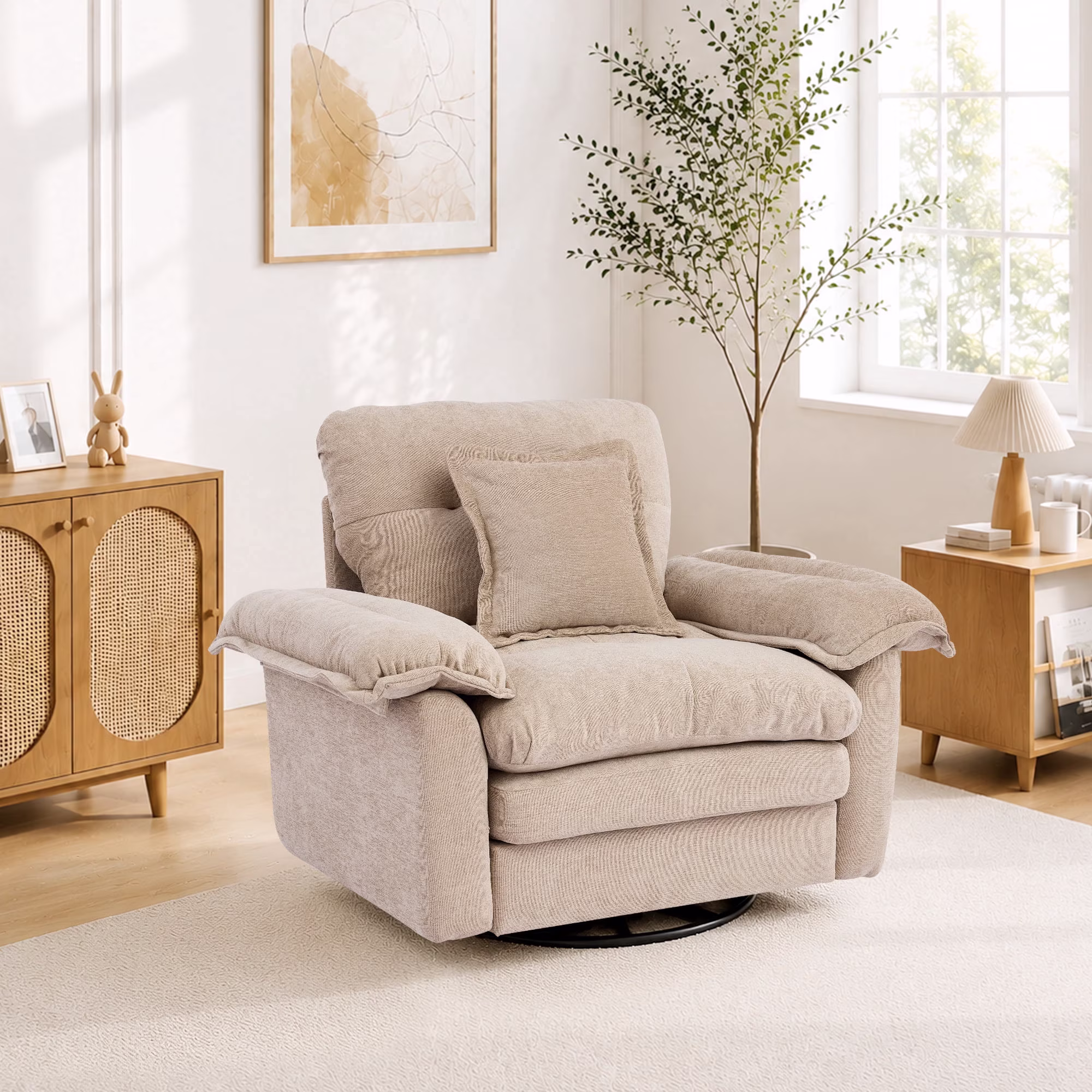 48.43" Wide Chenille Oversized Accent Chair with Pillow - Modern Mid-Century Upholstered Lounge Reading Chair, Comfy Single Sofa for Living Room