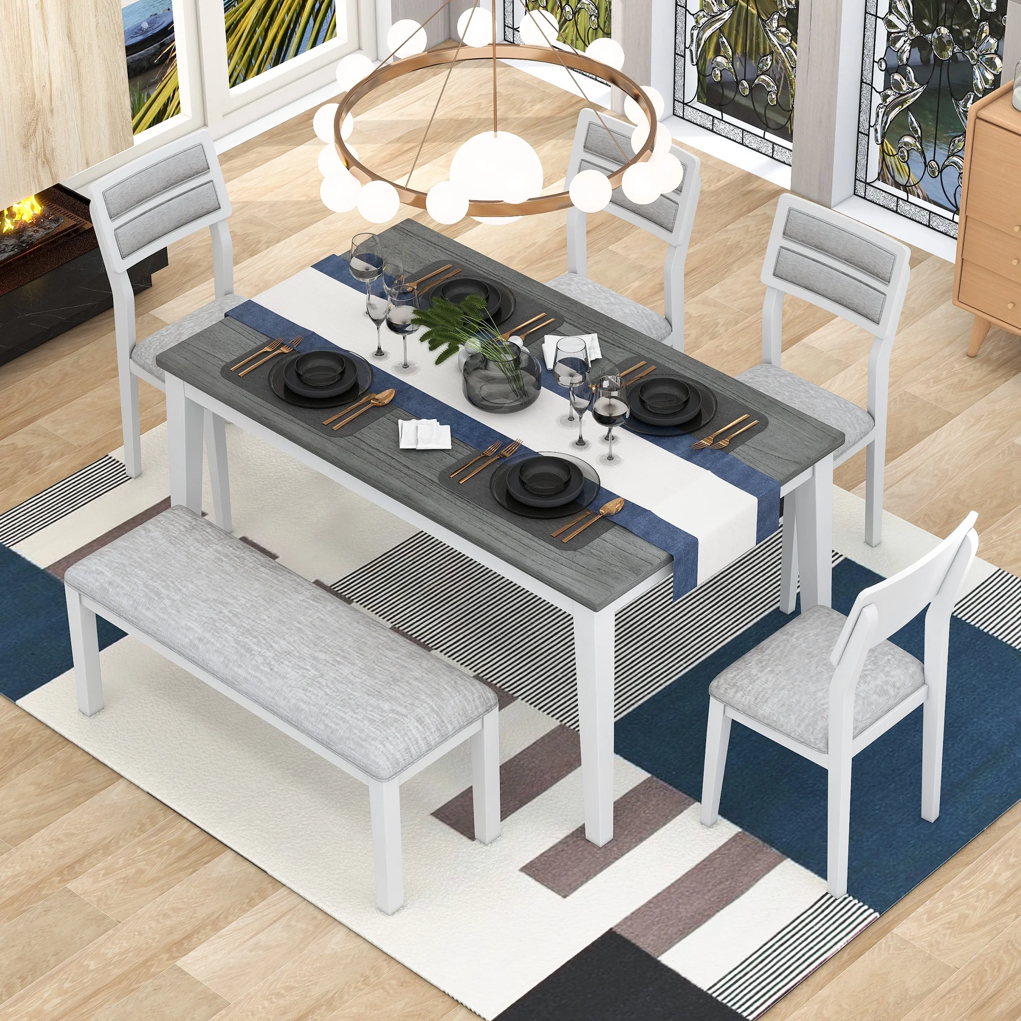 Bellemave Dining Table Set for 6, Includes Dining Table, 4 Upholstered Chairs & Bench, Wooden Classic and Traditional Style Dining Set for Living RoomWhite