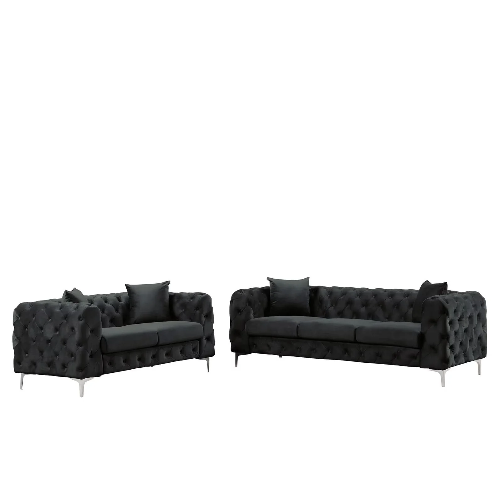Morden Fort Modern Contemporary 2 Piece of Loveseat and Sofa Set with Deep Button Tufting Dutch Velvet, Solid Wood Frame and Iron Legs-Black