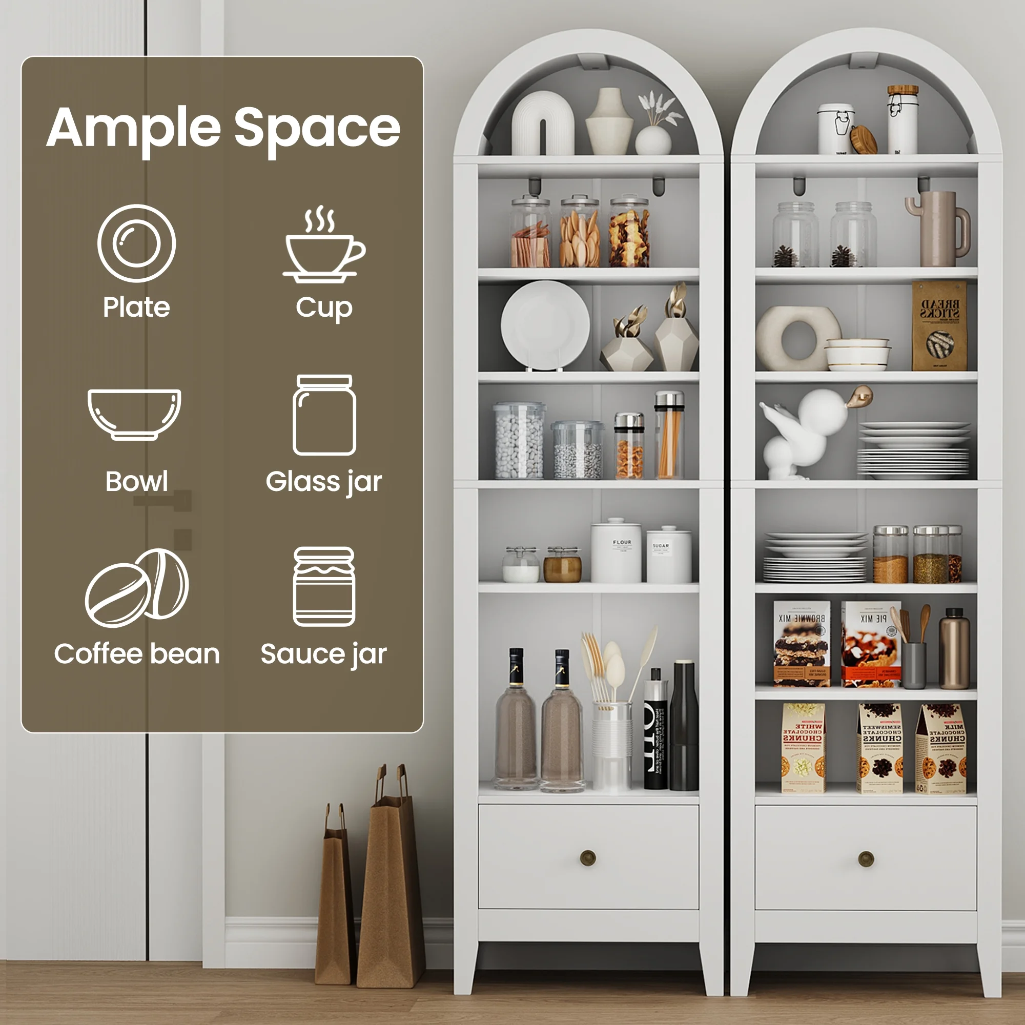 Arched Cabinet, 71" Tall Kitchen Pantry Cabinet, 8 Tiers Arched storage Cabinet with Doors and Shelves, Bookcase for Entryway, Hallway, Living Room, White