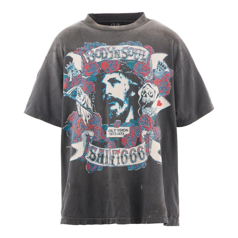 Rose print vintage-style worn-out short-sleeved shirt