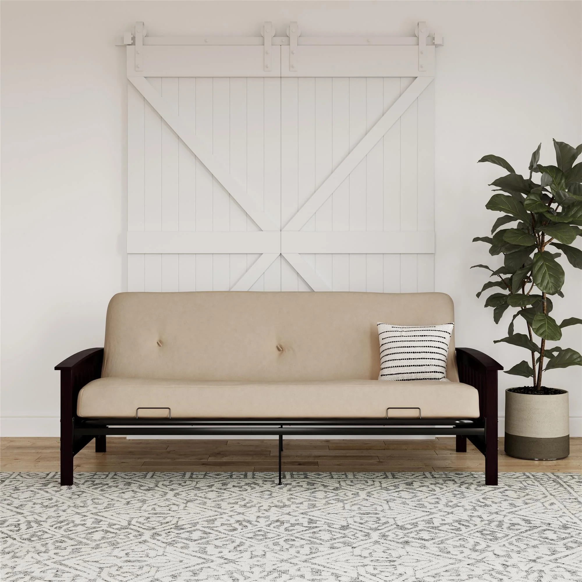 DHP Darrien Full Size Espresso Wood Arm Futon Frame with 6" Thermobonded High Density Polyester Fill Tan Microfiber Mattress