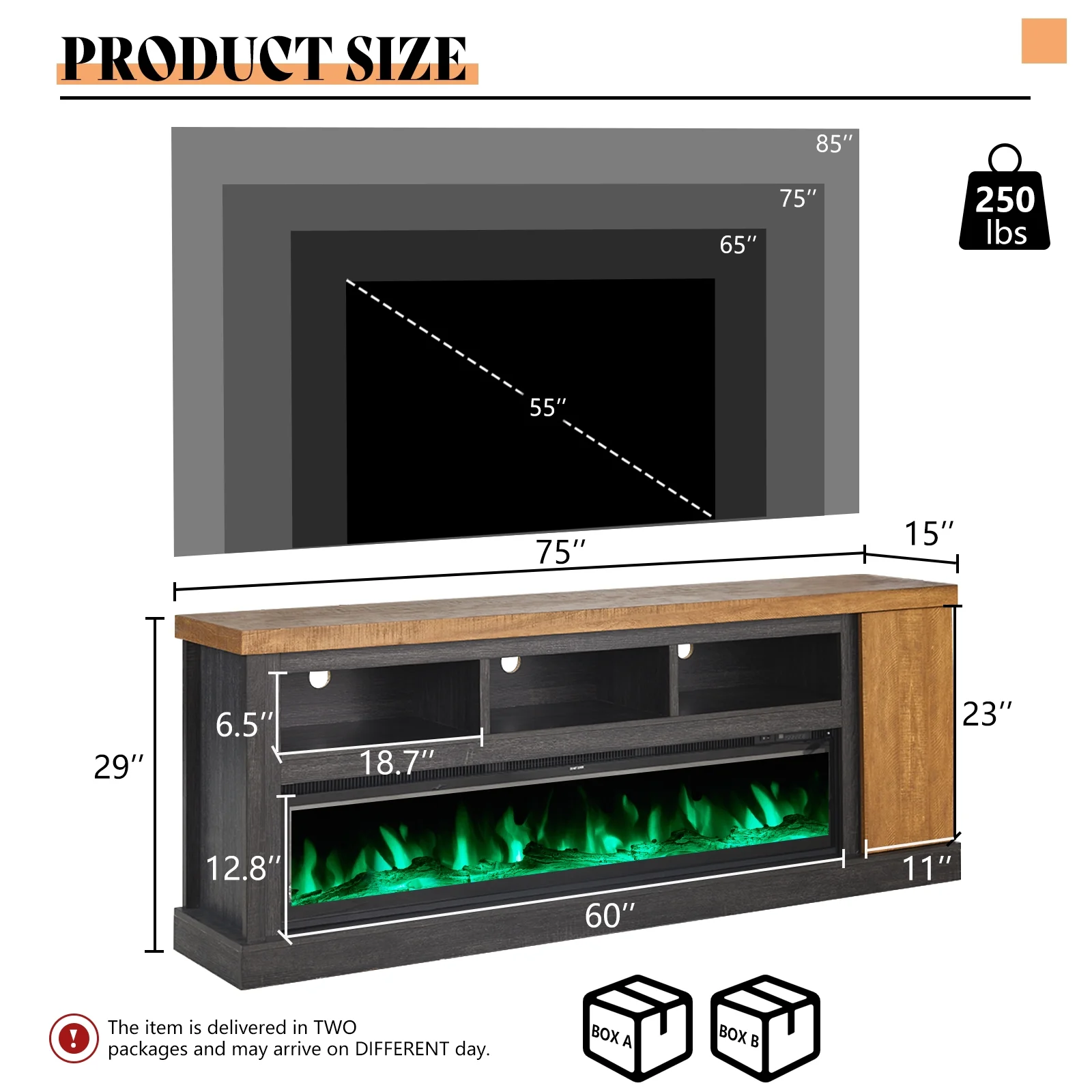 Merluxy 75" Fireplace TV Stand for TVs up to 85", Black & Brown