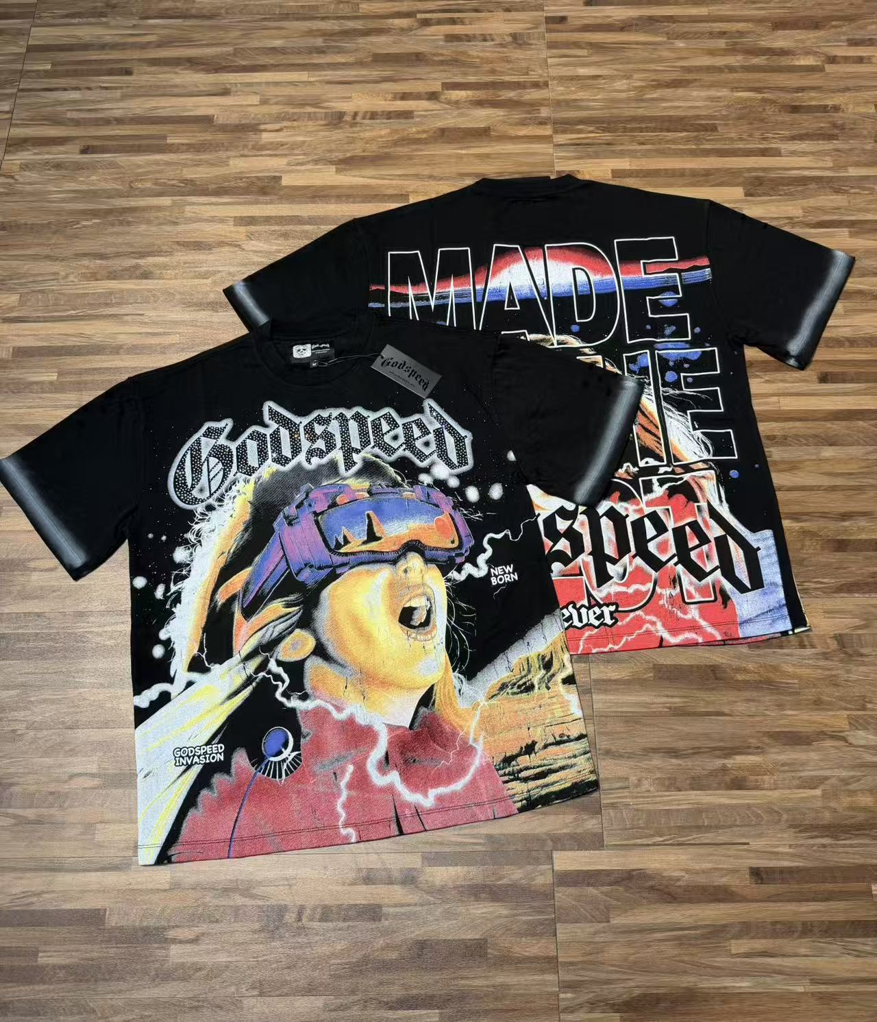 Black American rock street washed vintage style short-sleeved T-shirt