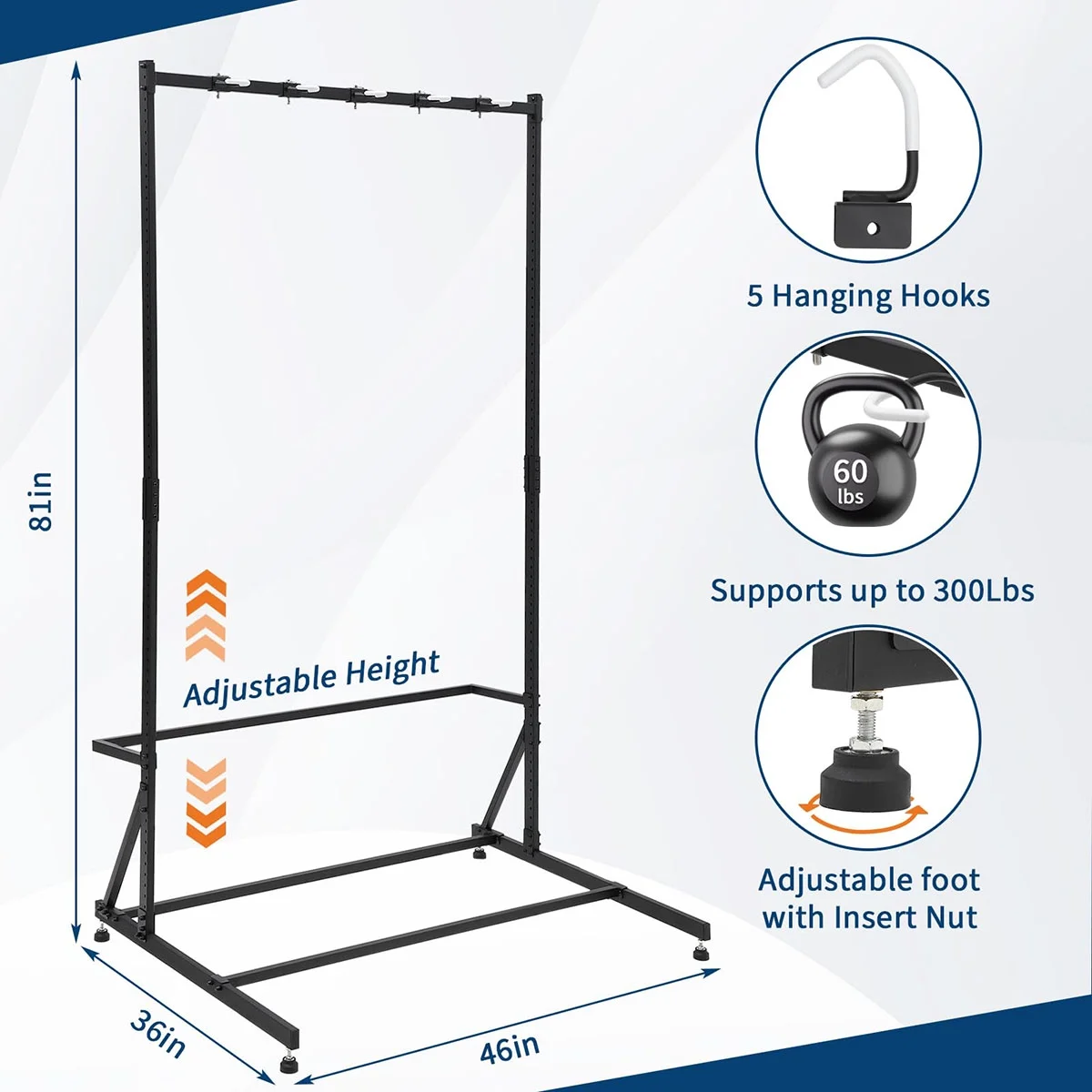 Ataucjin Garage Wall Storage, 5 Bike Storage, Adjustable Height, Space Saving, 46inch Bike Rack Garage for Front Yards, Backyards, Basements, Storefronts, Workplaces, Up to 300lbs