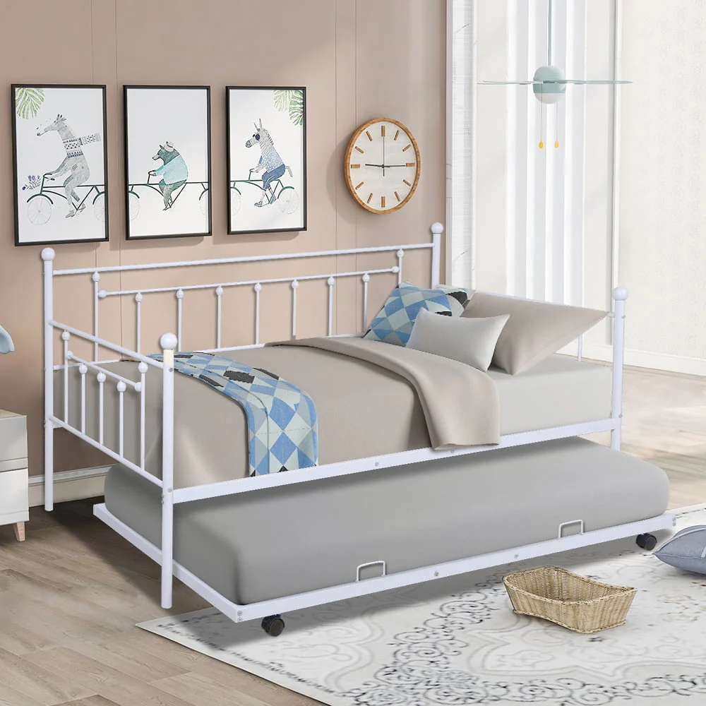 BTMWAY Twin Daybed with Trundle Included, Metal Daybed Frame with Pull Out Trundle Bed, No Box Spring Needed, Twin Size Daybed Sofa Bed for Kid's Room Bedroom, Each Bed Holds 400lb, White
