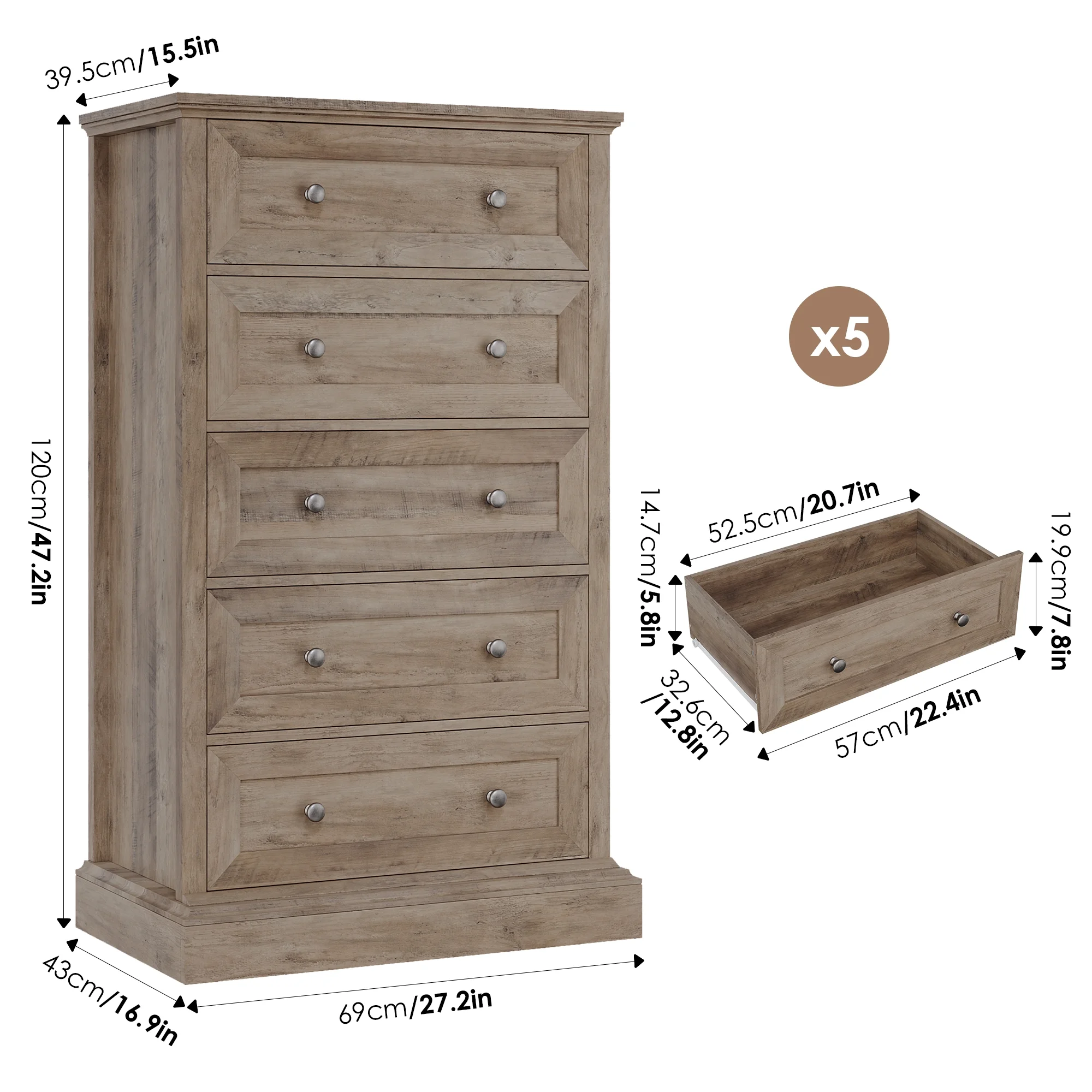 Homfa 5 Drawer Bedroom Dresser, Tall Wood Nightstand Storage Cabinet for Office Living Room,Gray