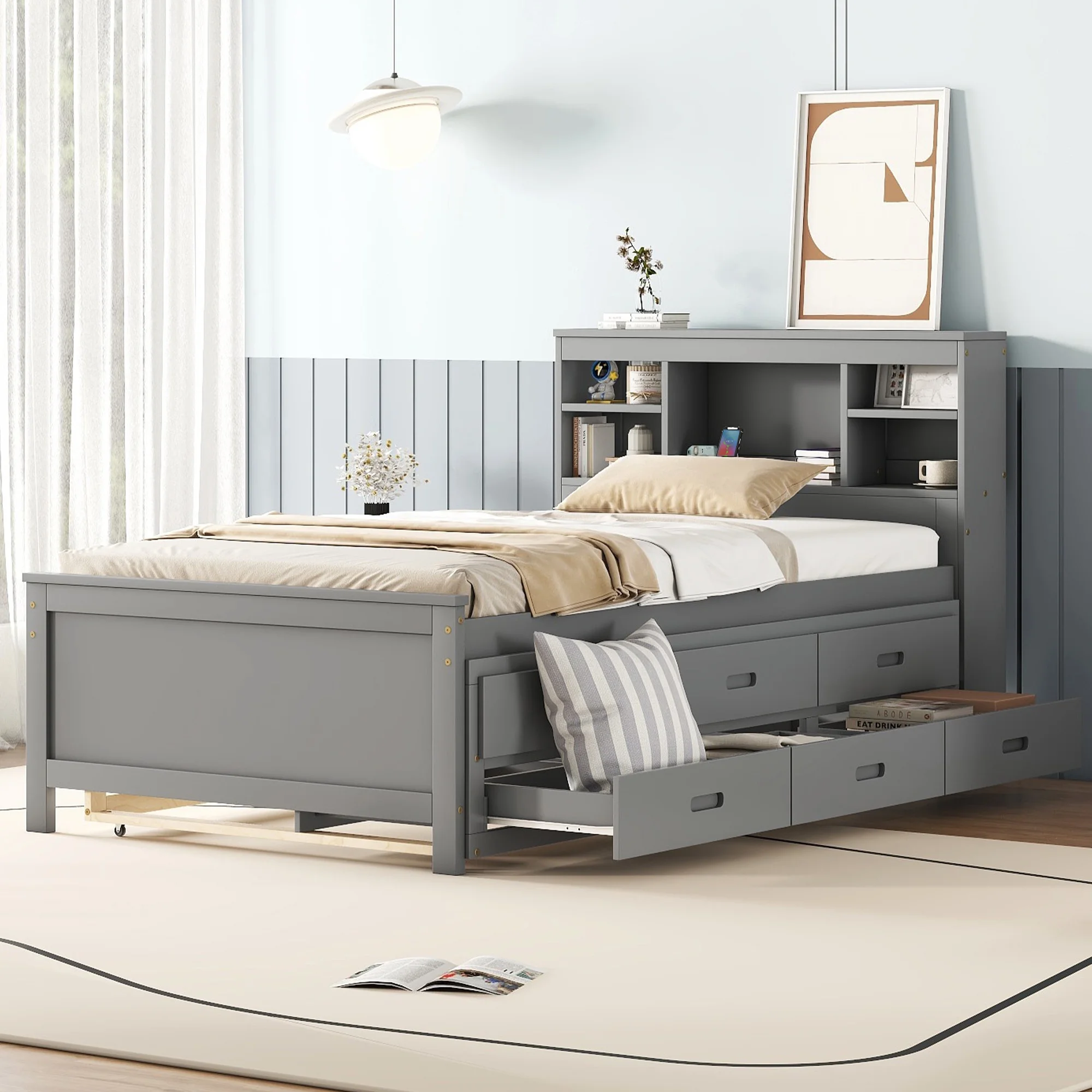 Euroco Wood Twin Size Platform Bed with Storage Trundle Bed and Drawers, USB Charging and Shleves, Gray