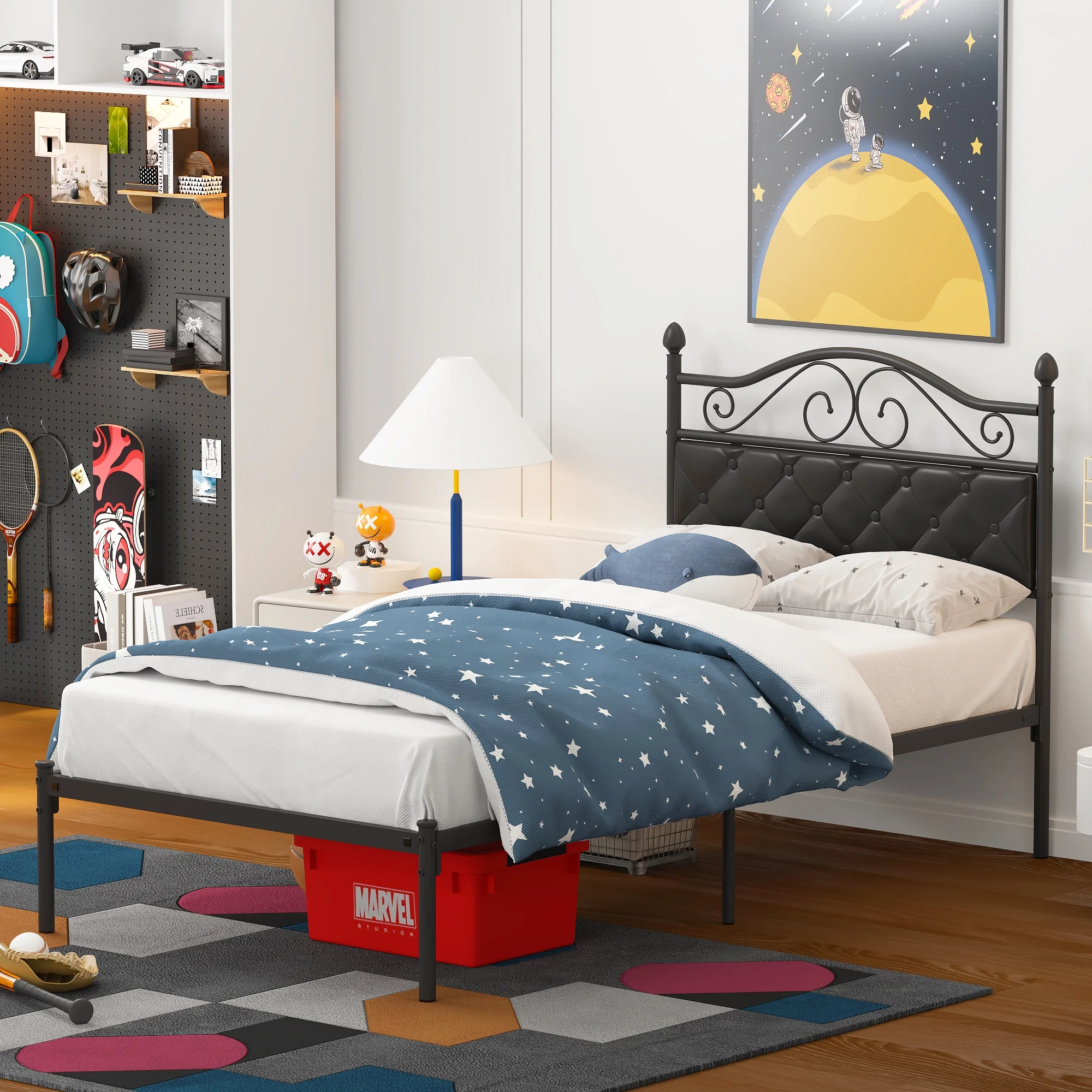 Yoneston Twin Size Metal Platform Bed Frame with Faux Leather Upholstered Headboard & 11
